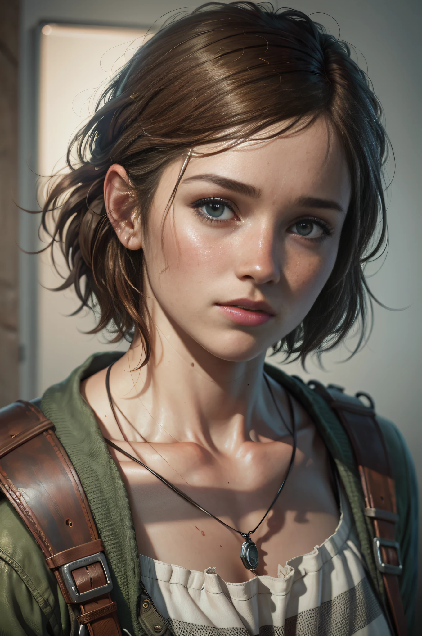 (the last of us:0.9), (Ellie:0.9), natural hair, realistic portrait, 4k, supreme detail, highly detailed, artstation, smooth, sharp focus, cinematic lighting, facing the camera, dark studio, rim lighting, two tone lighting, dimly lit, low key,