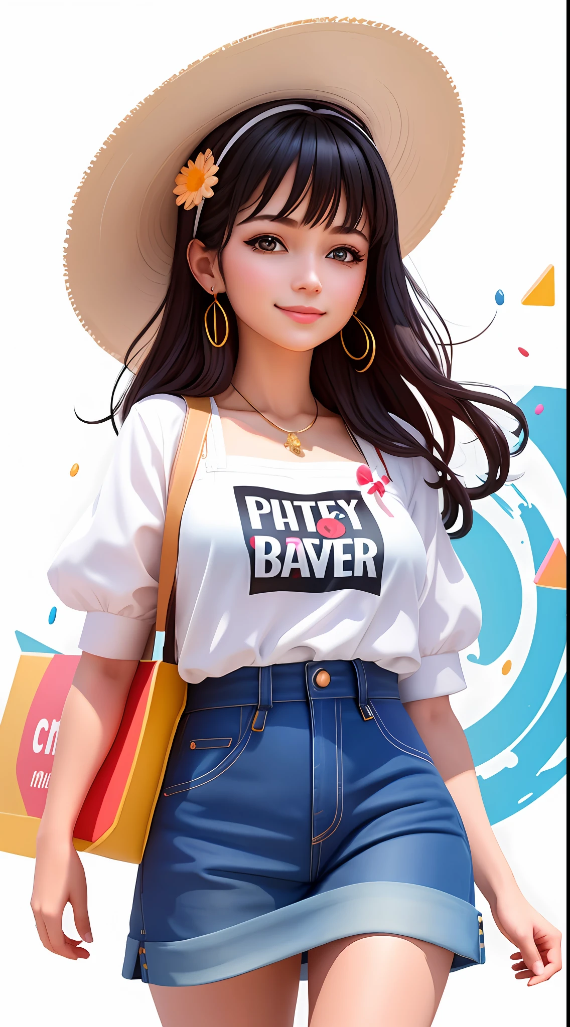 Best quality, realistic, award-winning illustration, (tricky detail: 1.2), (fine detail), (tricky detail), (cinematic lights, best quality), sharp lines, sharp focus, official artwork, 16k, A beautiful woman with a smiling face, wearing a straw hat, wearing a June party hat, June parties, white graffiti splash background, a beautiful young chef, wearing a black apron with colorful blouse emblazoned in June party colors,  Wearing jeans, medium black hair, holding a large can of delicious candy, creamy candy splash, character design by George Lucas style, white background.