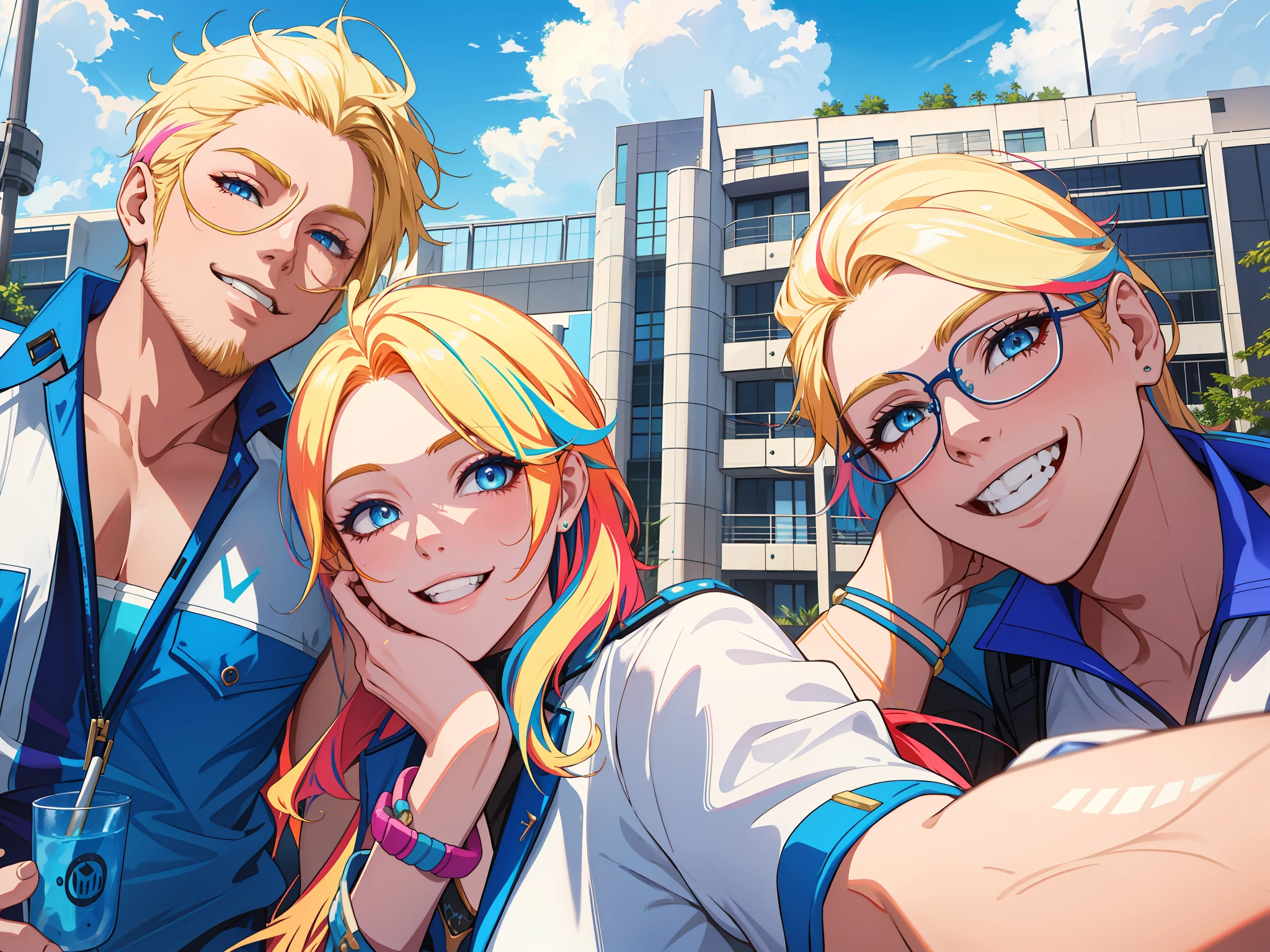masterpiece, best quality, highres, ahri1, 1girl, solo, blonde hair, k/da \(league of legends\), long hair, multicolored hair, open hair, blue eyes, two-tone hair, large breasts, poolside, micro bikini, smile
