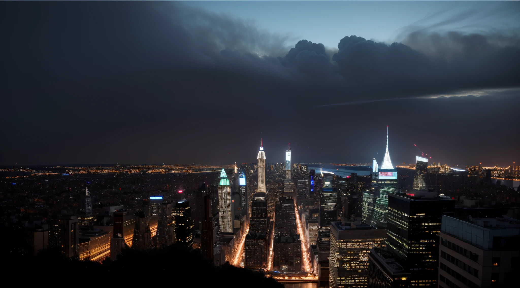 a panoramic night view of New York from above, a city of tall buildings, city lights, busy traffic, smoke from buildings and cars, fog, high contrast, super detailed panoramic shape