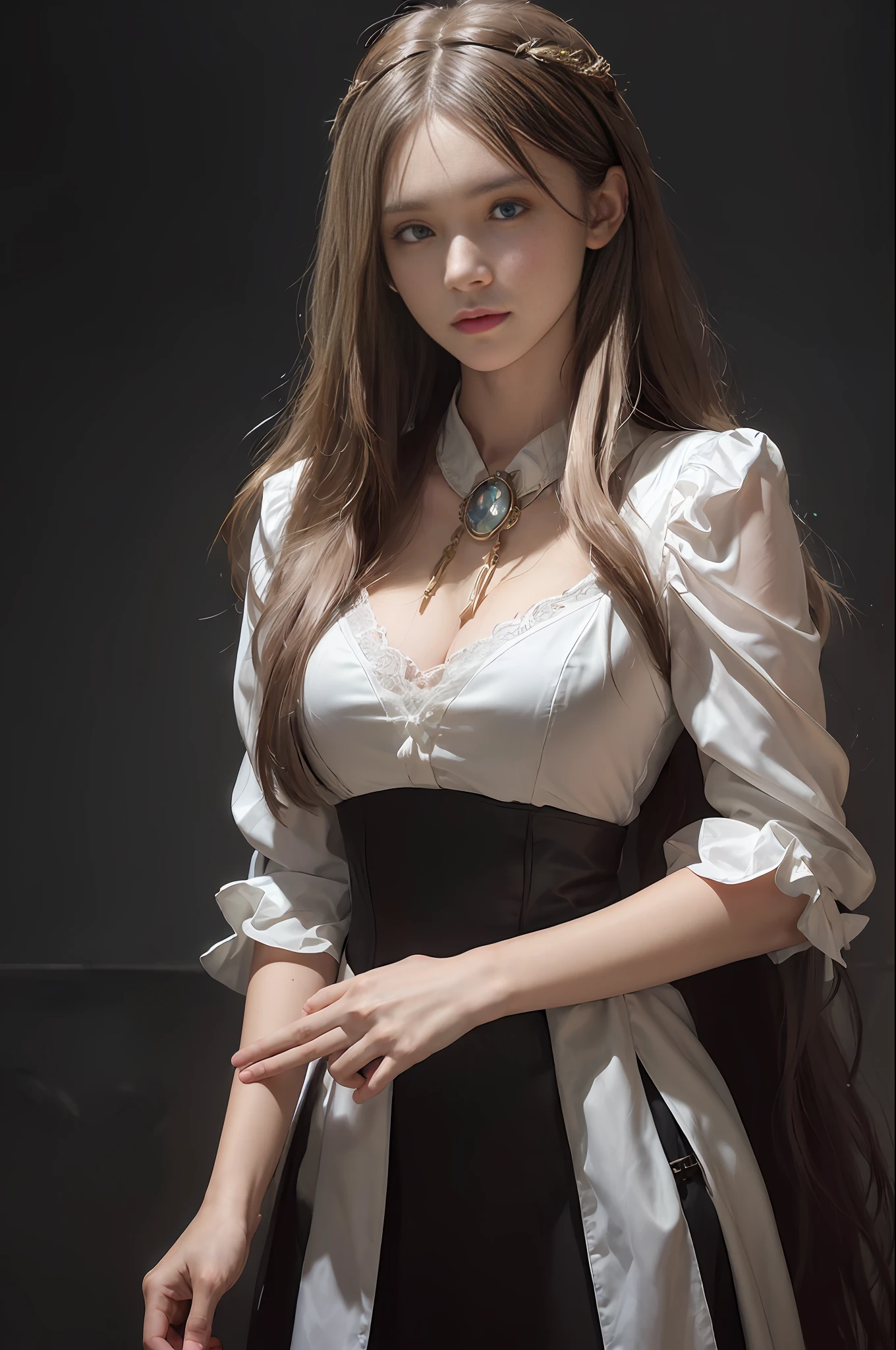 (front focus), (in the dark:1.6), Hyperrealist portrait of female by david hockney and alphonse mucha, fantasy art, photo realistic, dynamic lighting, artstation, poster, volumetric lighting, very detailed faces, 4 k, award winning, 1girl, in the dark, deep shadow, low key, cowboy shot, (official clothing:1.4), long hair, white hair