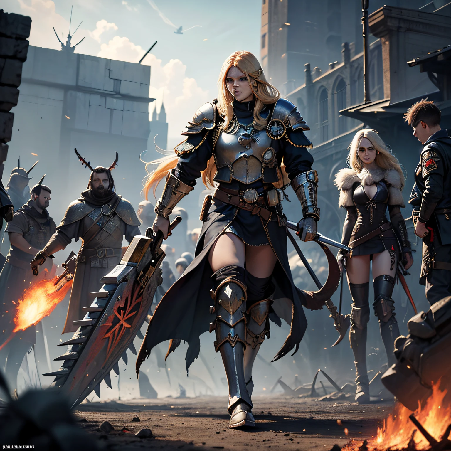 a fiercely zealous and experienced war leader wearing a Wargear which is a Wraithbone breastplate molded into runic shapes that can shrug off physical and psychic enemy attacks,on a battlefield,warhammer 40k,adept sororitas,forgeworld,dead orcs,explosions,fires,multisided bodies, dead orks,destroyed houses,flying ships,flying shots,blonde long hair, chainsaw,abatements, destroyed vehicles,kamikaze