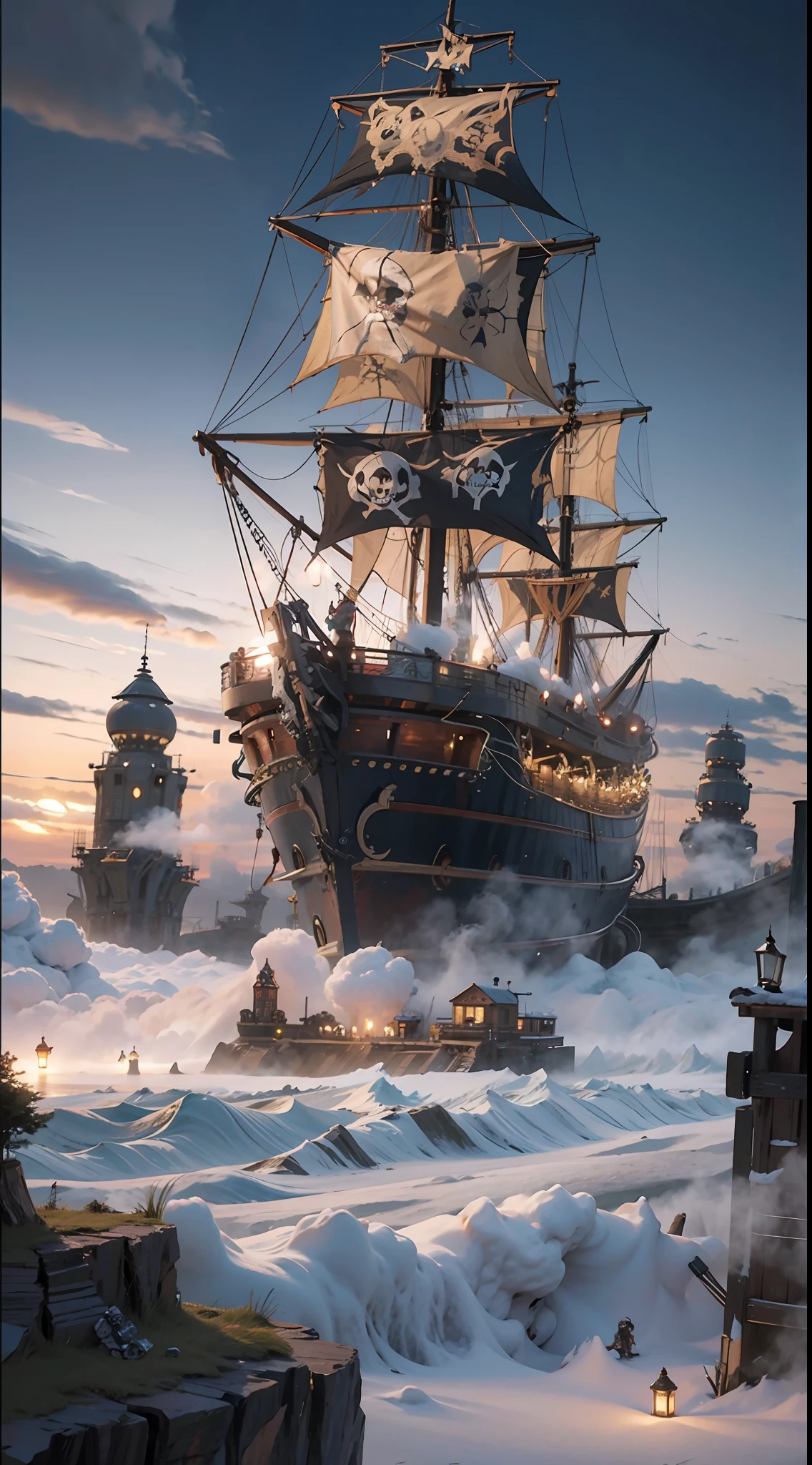 Angry Punk Skeleton Pirates, 4k, Masterpiece, Best Quality, Official Art, Extremely Detailed CG Unity 8k Wallpaper, Highly Detailed, Ridiculous, 8k Resolution, Background Full of Fog