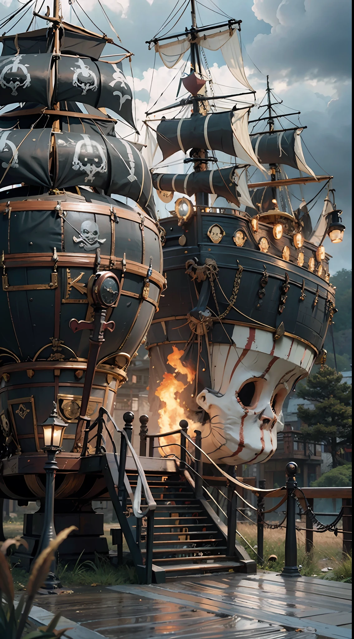 Angry Punk Skeleton Pirates, 4k, Masterpiece, Best Quality, Official Art, Extremely Detailed CG Unity 8k Wallpaper, Highly Detailed, Ridiculous, 8k Resolution, Background Full of Fog