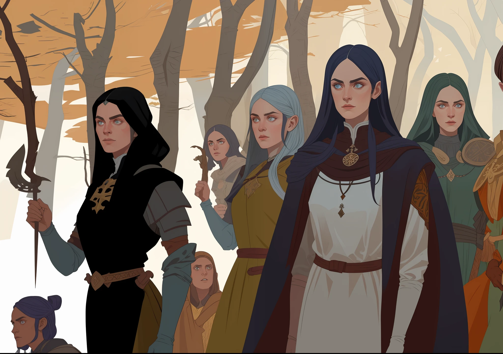 masterpiece, best quality, hyper detailed gouache portrait of a group of dark elves in a forest, medieval clothing, characters concept, detailed symmetric bodies, epic scene illustration, graphic novel scene, dramatic, tension, cinematic, dynamic angles