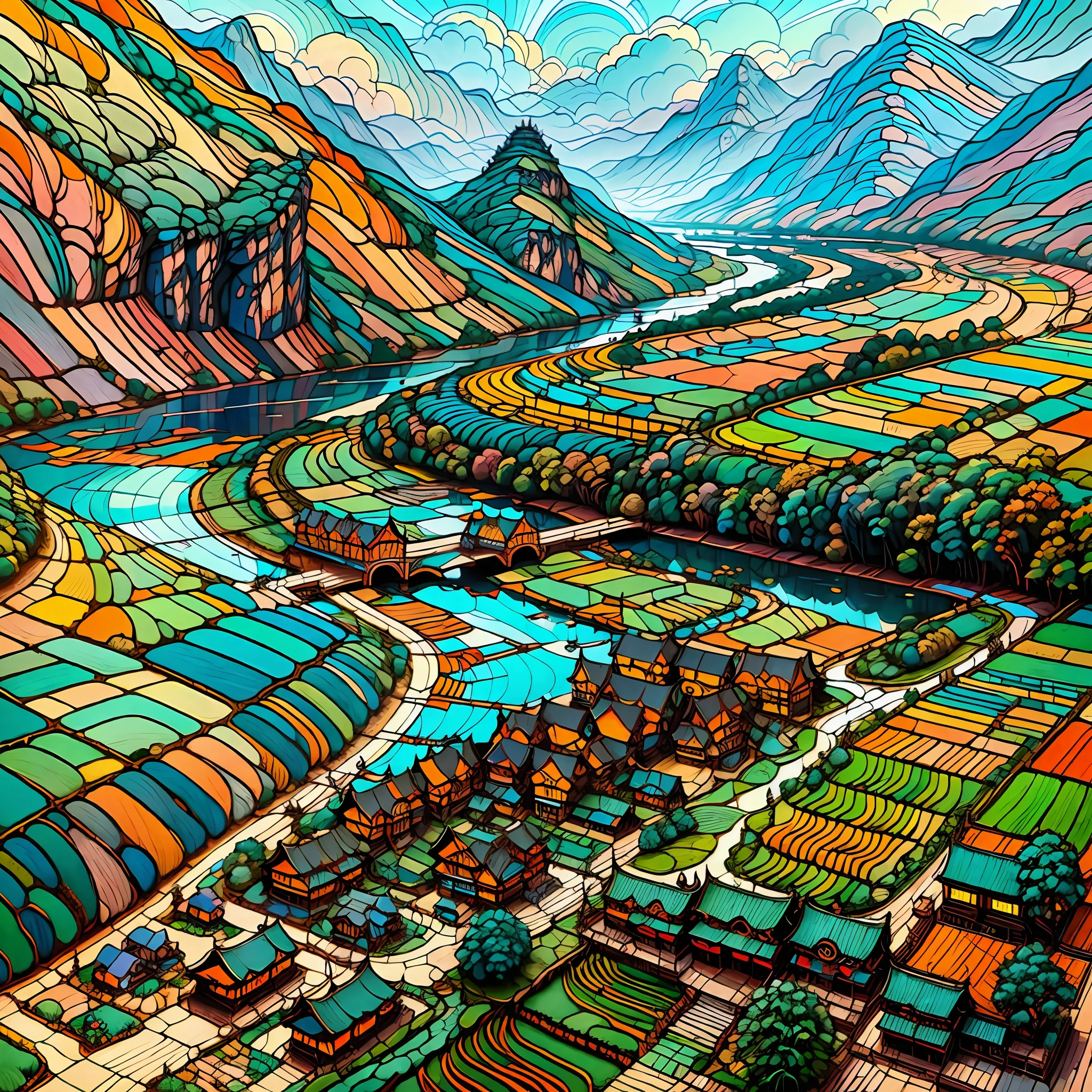Ghibli style, Guangxi Fuchuan, Yao ethnic group, beautiful mountains and waters, farming, settlement