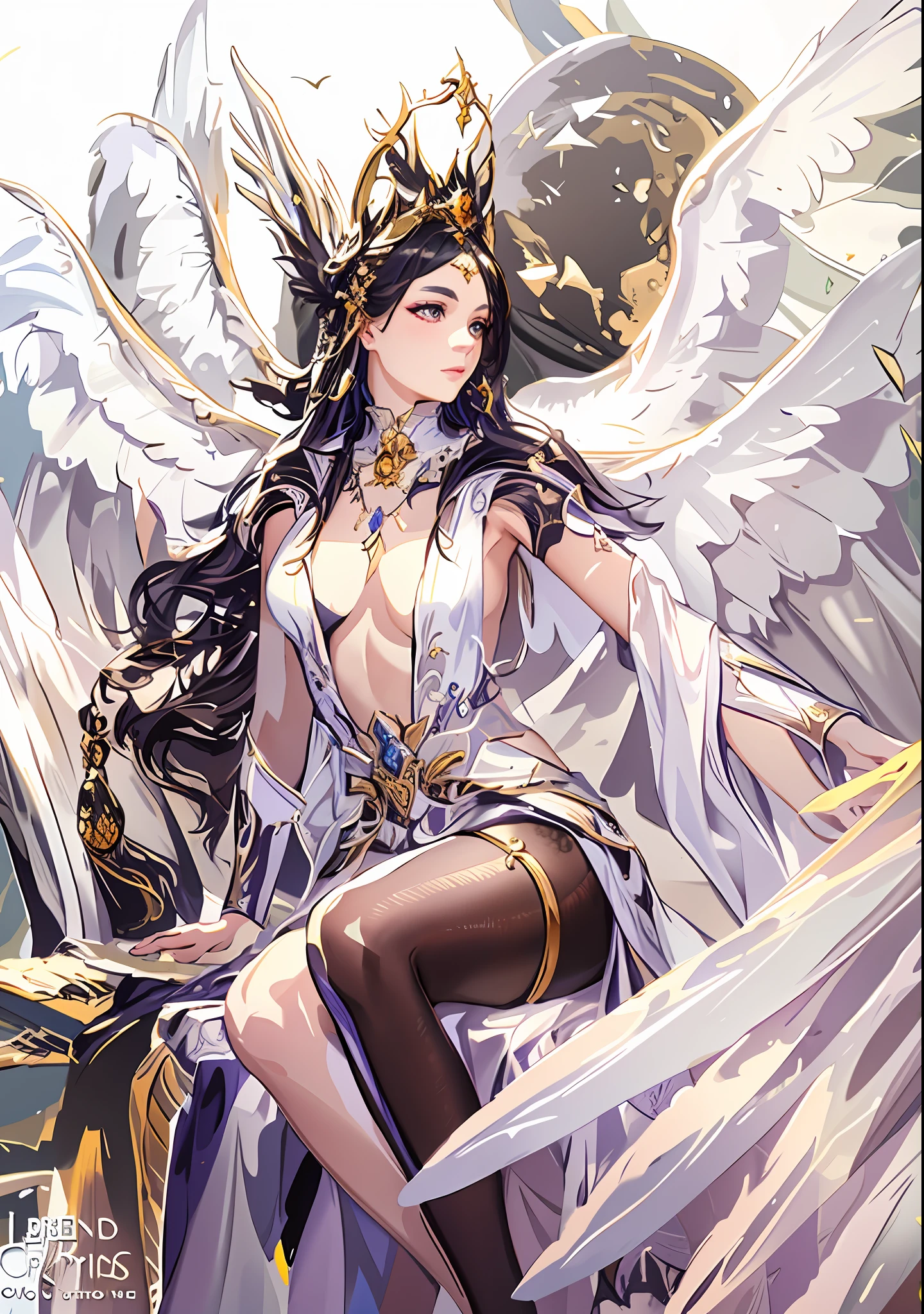 arafed image of a woman with wings and a crown sitting on a rock, by Yang J, goddess. extremely high detail, art of wlop, wlop art, a beautiful fantasy empress, wlop and artgerm, artgerm on artstation pixiv, detailed fantasy art, as a mystical valkyrie, extremely detailed goddess shot