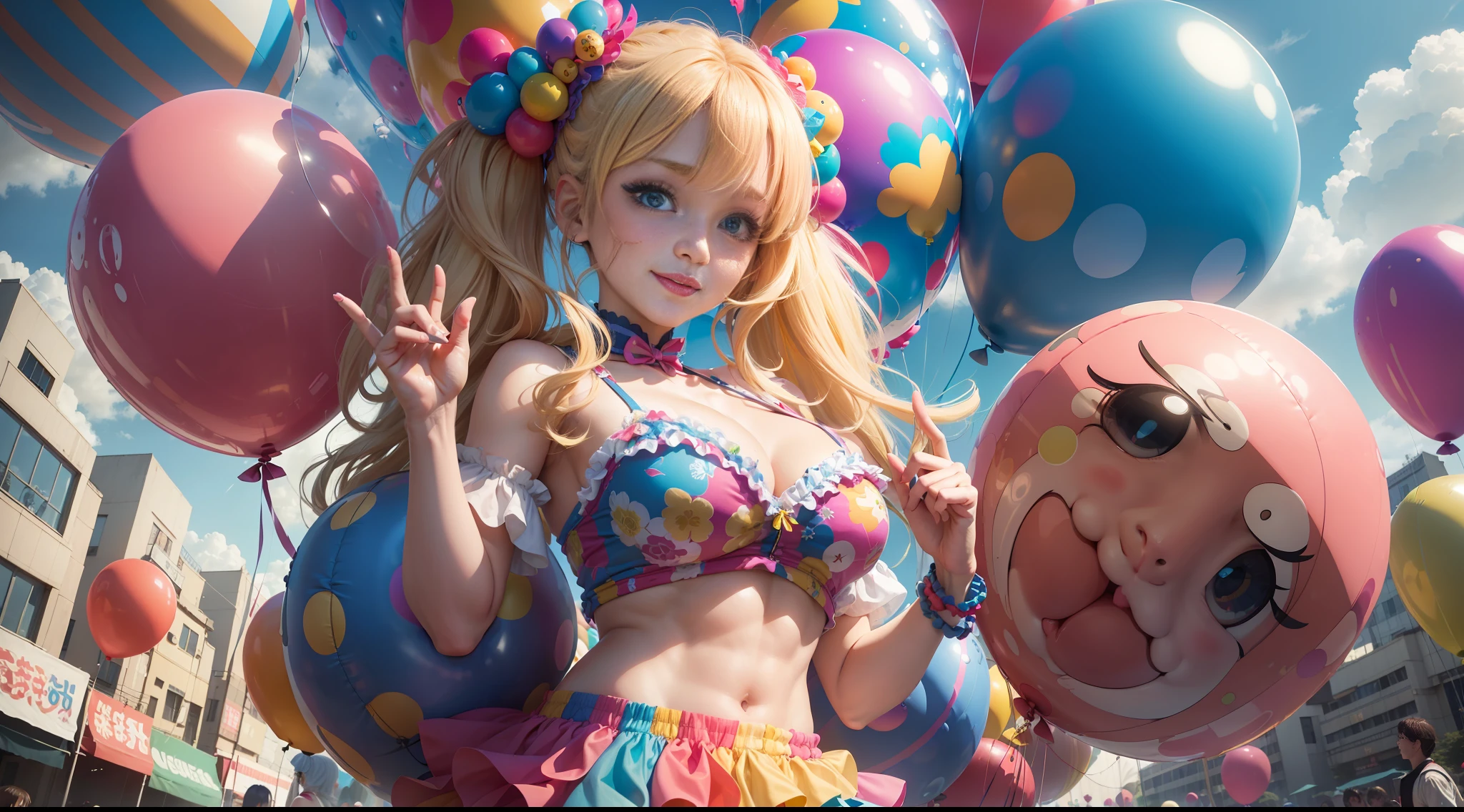 ((top quality, 8k, masterpiece: 1.3)), wide frame, Sony α7, 1 woman, full body, smiling beautiful girl with many balloons, (blonde, twin tails) (big: 1.3, cleavage), cut abs, revealing, colorful clown outfit, ultra detailed face, (detailed eyes, double eyelids, color contacts, eye catch, catch light, long eyelashes),  balloons are multicolored, balloon designs various, Ueno Park,