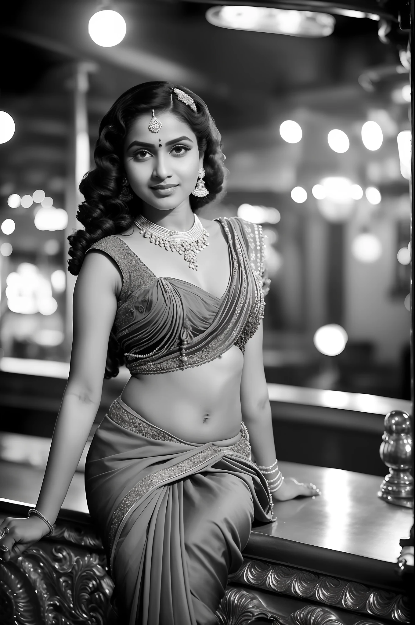full body black and white portrait of Indian girl(styled in a 1940's, Saree, highly detailed:1.3), (highly detailed face:1.8), (1940's Hairstyle:1.3),  (slim body, small breasts, small hips:1.5), (leaning back on the bar:1.5), (background inside a dark, old, 1940's big-band bar:1.4), (soft studio lighting, volumetric shadows), Indian temple