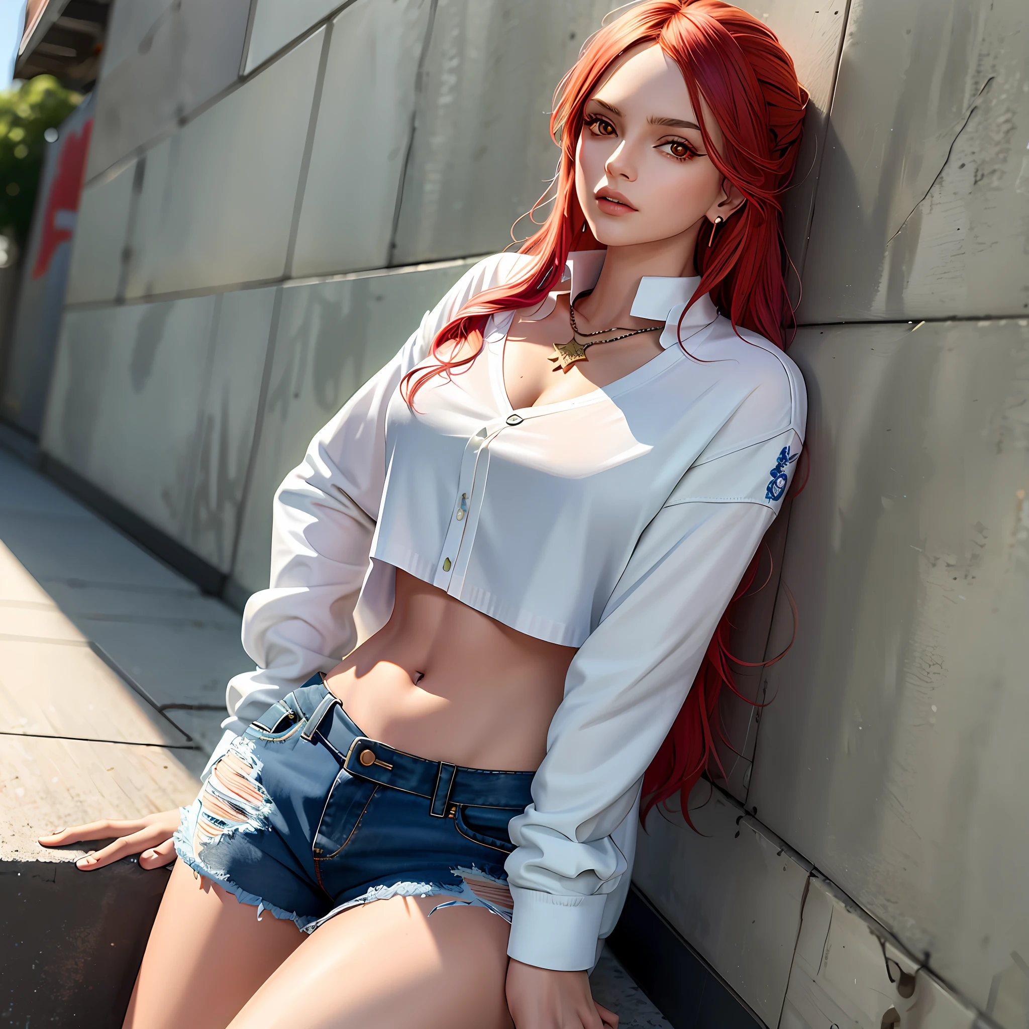 (masterpiece, best quality, 1 girl, solo, intricate details, chromatic aberration), realistic, ((medium breath)),long hair, red hair, red decoration on the head, pink highlights, amber eyes, earrings, sharp eyes, necklace, neon shirt, ripped shorts, unbuttoned jacket, turtleneck, night, against the wall, brick wall, graffiti, dim lighting, alley, look at the viewer