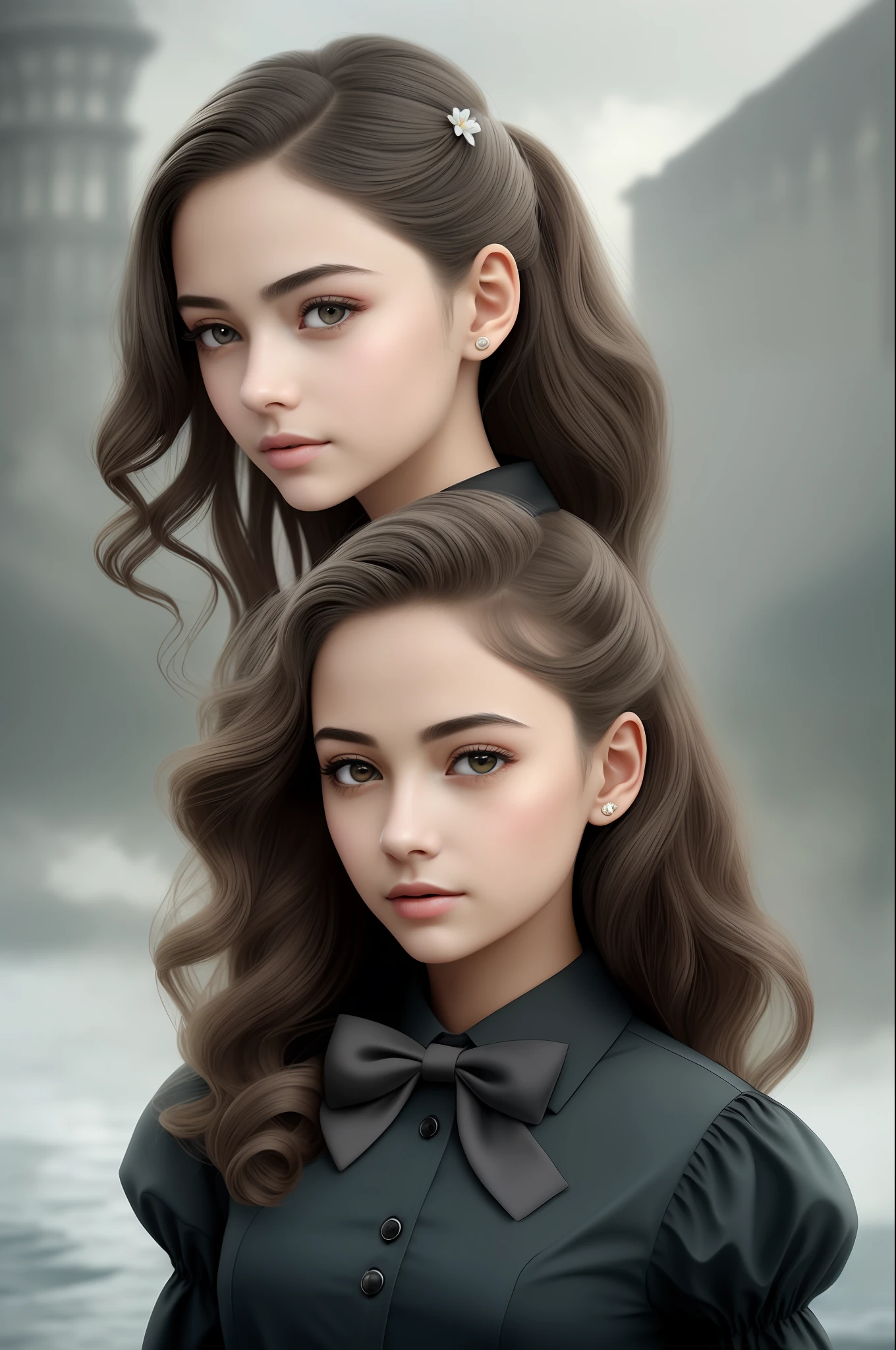 Masterpiece, Superb Illustration, {Beautiful and Detailed Girl}, Beautiful Detailed Glow, (War: 1.2), (Nuclear Explosion Behind: 1.3), Rain, Detail Lighting, Detail Water, (Beautiful Detailed Eyes: 1.1), Expressionless, Court, Dark Brown Hair, Loose Hair, Long Bangs, Eyebrows, (Black and Gray Dress: 1.1), Black Ribbon, White Bow Tie, Upper Abdomen, Large Forehead, Dull, Flower, Long Sleeves