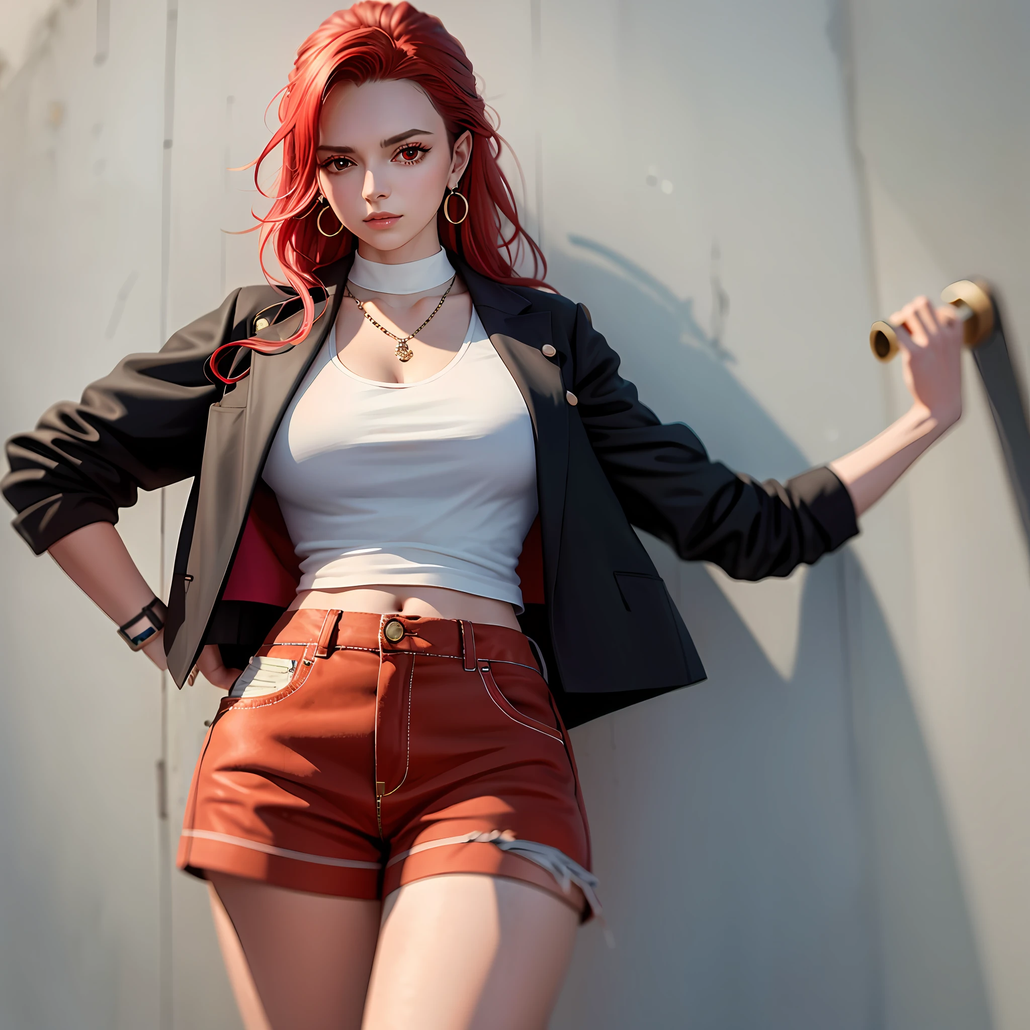 (masterpiece, best quality, 1 girl, solo, intricate details, chromatic aberration), realistic, ((medium breath)),long hair, red hair, red decoration on the head, pink highlights, amber eyes, earrings, sharp eyes, necklace, neon shirt, ripped shorts, unbuttoned jacket, turtleneck, night, against the wall, brick wall, graffiti, dim lighting, alley, look at the viewer