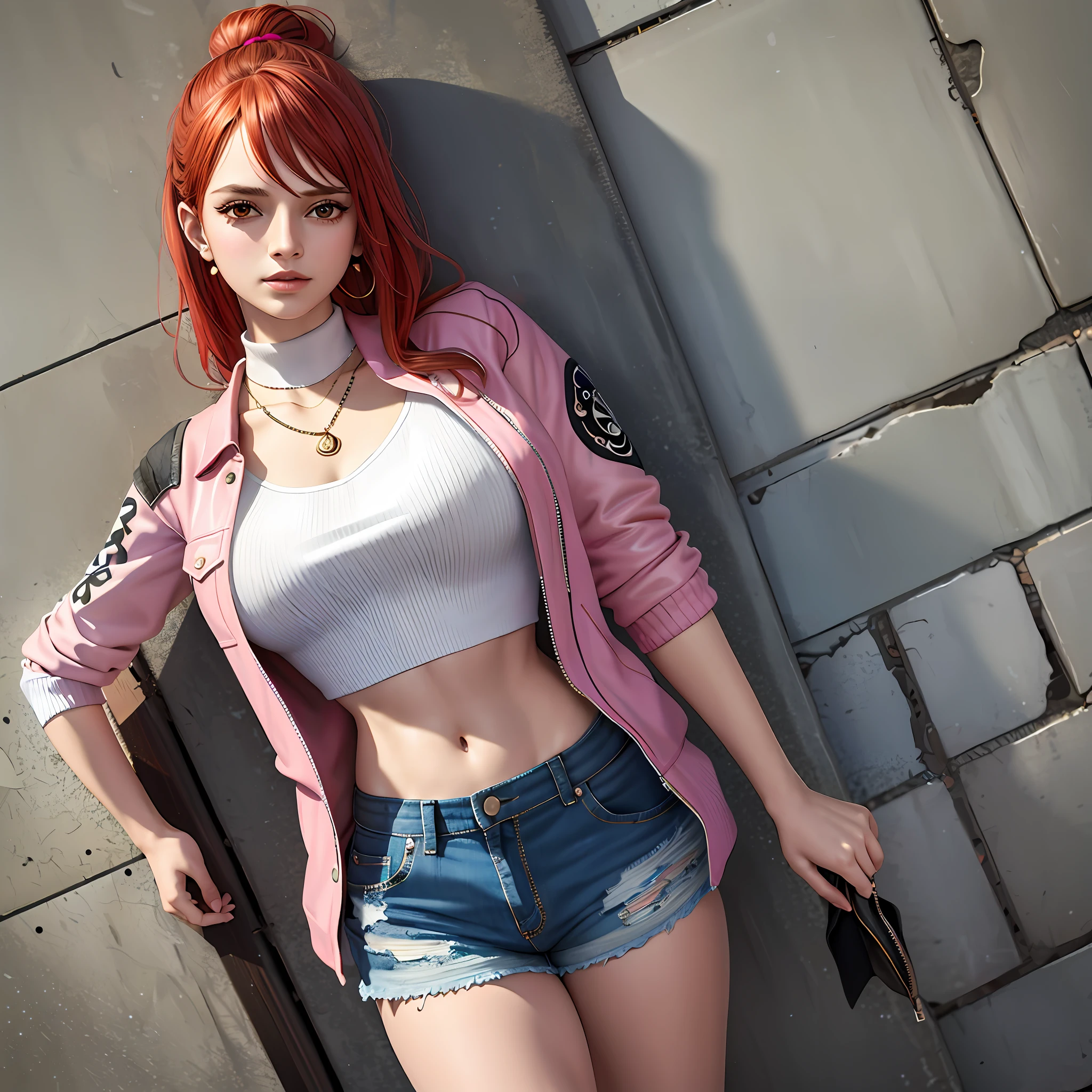 (masterpiece, best quality, 1 girl, solo, intricate details, chromatic aberration), realistic, ((medium breath)),long hair, red hair, red decoration on the head, pink highlights, amber eyes, earrings, sharp eyes, necklace, neon shirt, ripped shorts, unbuttoned jacket, turtleneck, night, against the wall, brick wall, graffiti, dim lighting, alley, look at the viewer