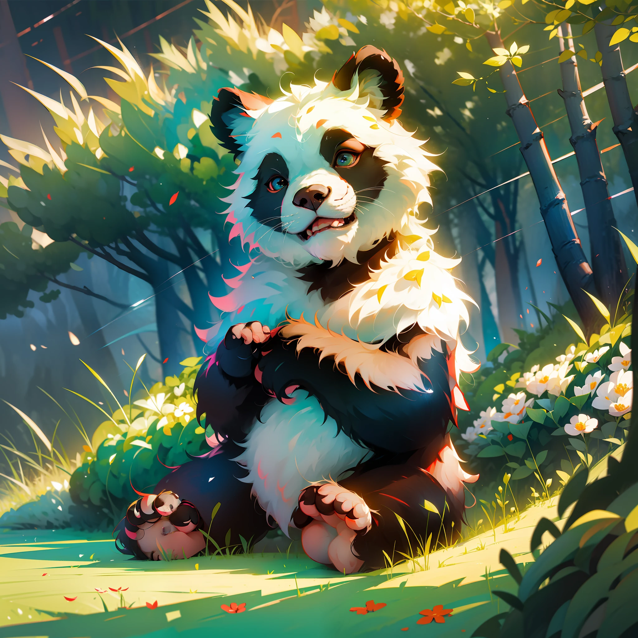 8K, 1 bear, front paws holding bamboo shoots, sitting on the ground, (shiny and shiny hair: 1.5), (exquisite depiction of details: 1.5), cute giant panda, name is Hehua, characteristics of giant panda, smile to face the audience, enjoy the spring scenery in the small hills full of flowers, wide-angle lens, HD picture quality, exquisite detail description, cartoonish