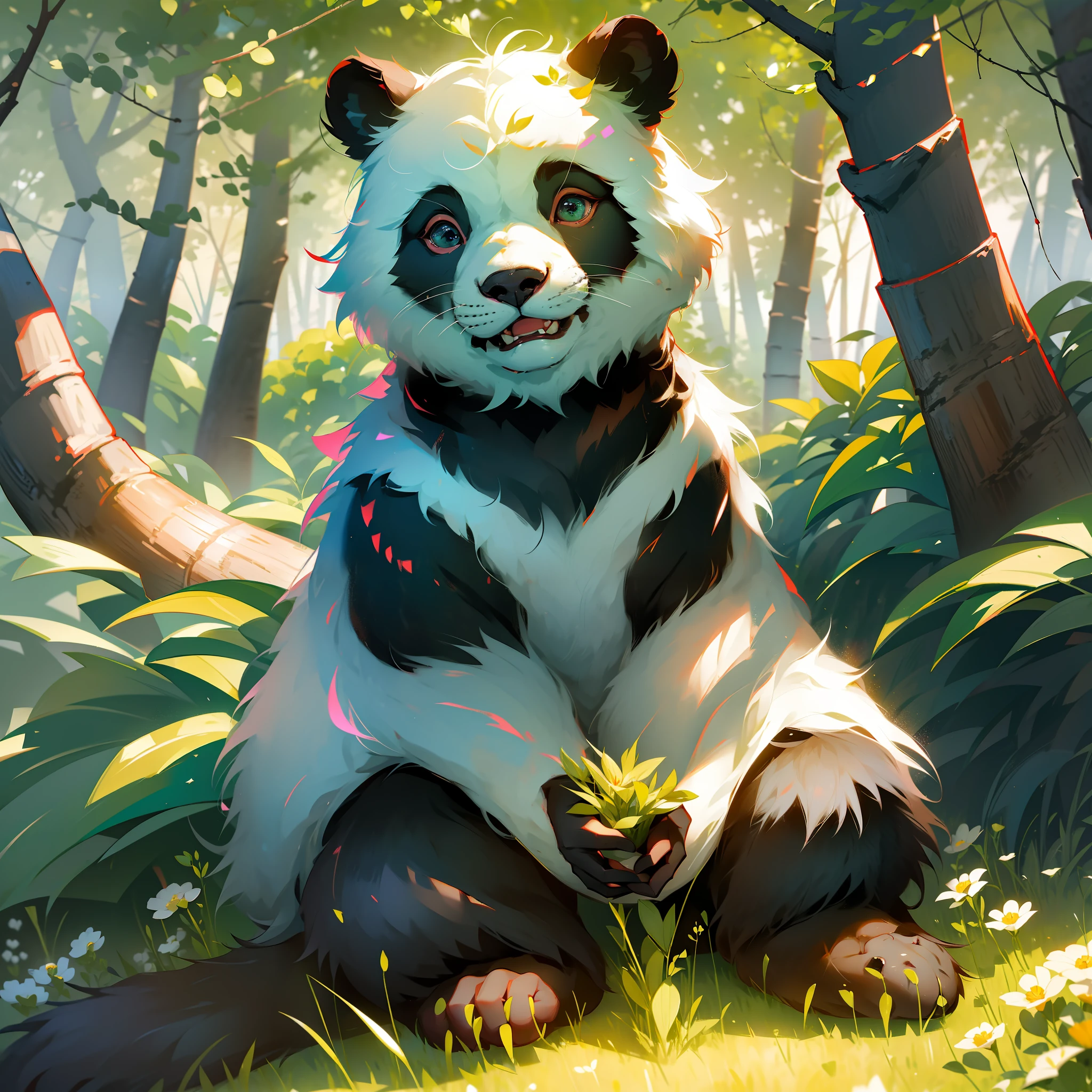 8K, 1 bear, front paws holding bamboo shoots, sitting on the ground, (shiny and shiny hair: 1.5), (exquisite depiction of details: 1.5), cute giant panda, name is Hehua, characteristics of giant panda, smile to face the audience, enjoy the spring scenery in the small hills full of flowers, wide-angle lens, HD picture quality, exquisite detail description, cartoonish