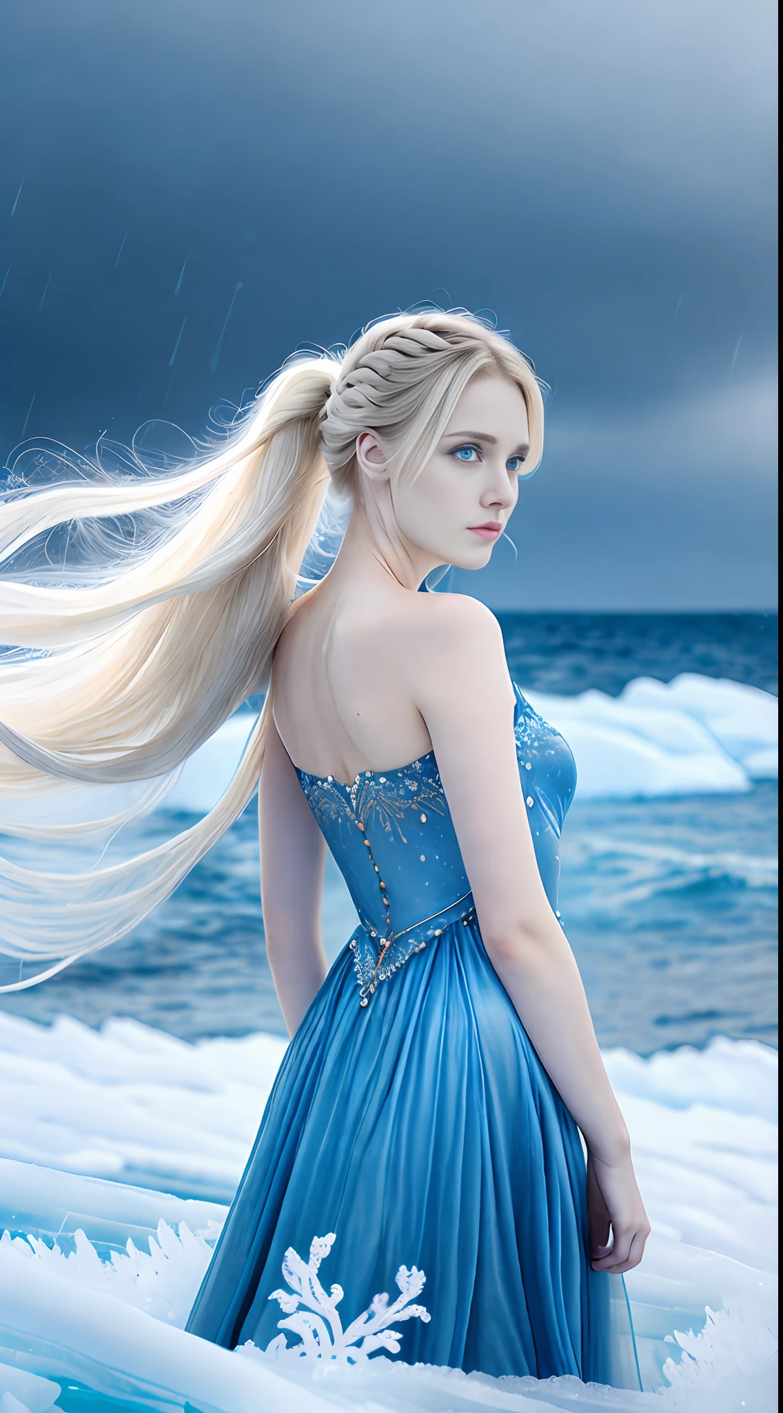 (extremely detailed woman with long blonde hair braided in the shape of a ponytail, blue eyes, soft and delicate skin, medium breasts, looking to be 25 years old wearing a blue dress, made of real ice with tips in detail in 8k wallpaper ) with her arms up conjuring ice magic, in an environment of dramatic and chaotic rain, in a frozen sea, and a giant ship in blur in the background