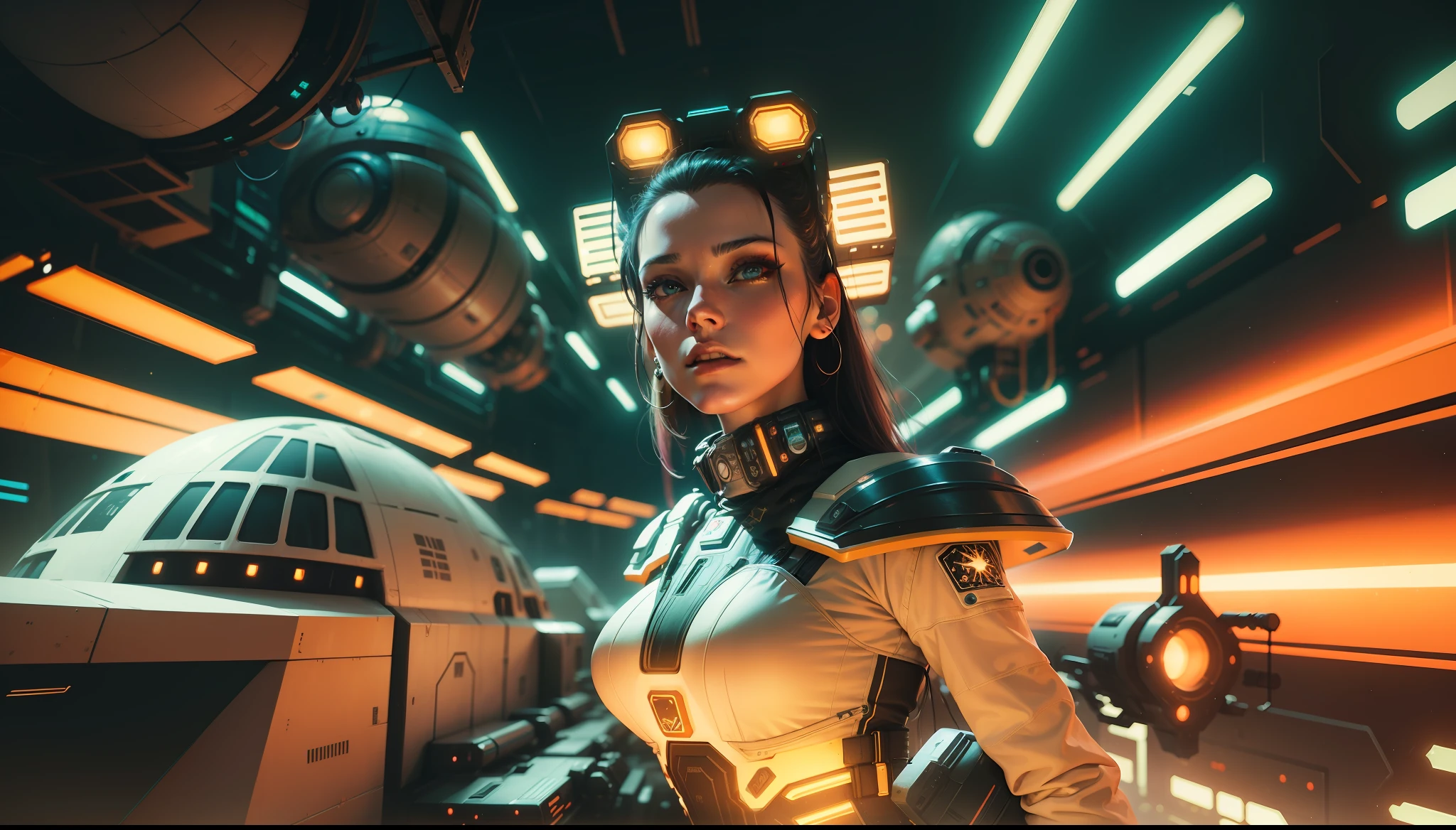 a woman standing in front of a space station, cyberpunk art by Andrei Kolkoutine, cgsociety, retrofuturism, reimagined by industrial light and magic, behance hd, artstation hq