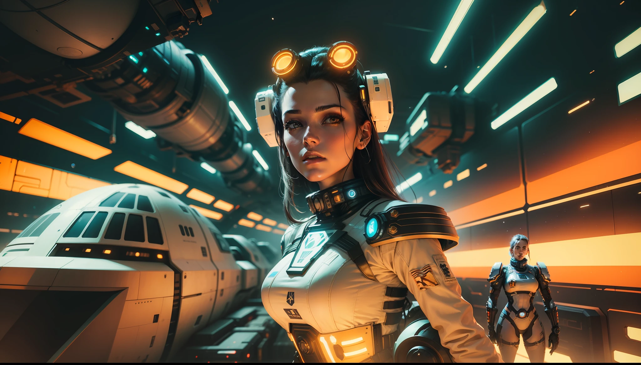 a woman standing in front of a space station, cyberpunk art by Andrei Kolkoutine, cgsociety, retrofuturism, reimagined by industrial light and magic, behance hd, artstation hq