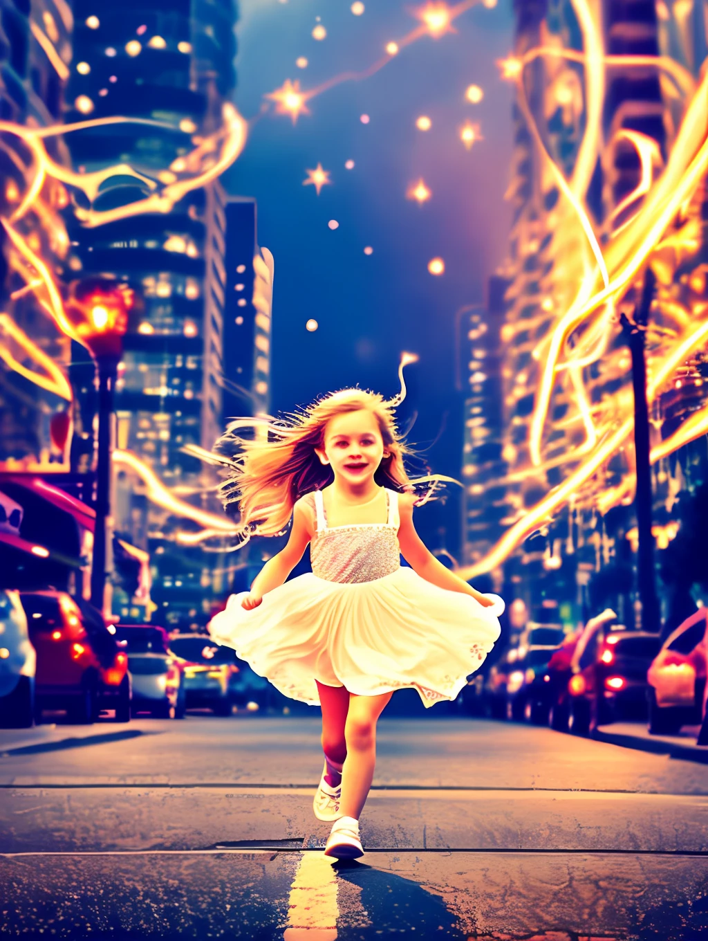 A heartwarming image of a little girl on fire as she runs through the dark, stormy streets of a city. Her white outfit is belted with vibrant colors and her long, flowing hair, adorned with sparkles, trails behind her. The vibrant colors of the cityscape contrast beautifully with the delicate, golden light coming from the girl's face. The vibrant colors of the city contrast beautifully with the dramatic, surreal lighting creating an awe-inspiring atmosphere. standard lens, high ISO, f/4 aperture