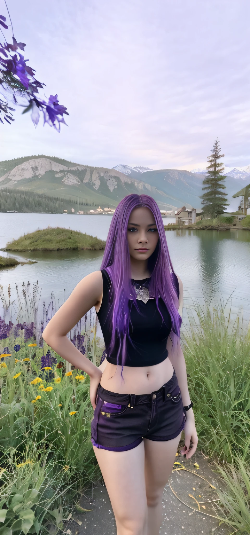 Arafed woman with purple hair standing in front of the lake, she has purple hair, about 1 9 years old, 1 6 years old, very, very low image quality, 1 7 year old gothic girl, long purple hair, dark purple hair and cybernetics, 18 years old, lake in the background, purple and black, purple long hair, dark skin, tanned skin