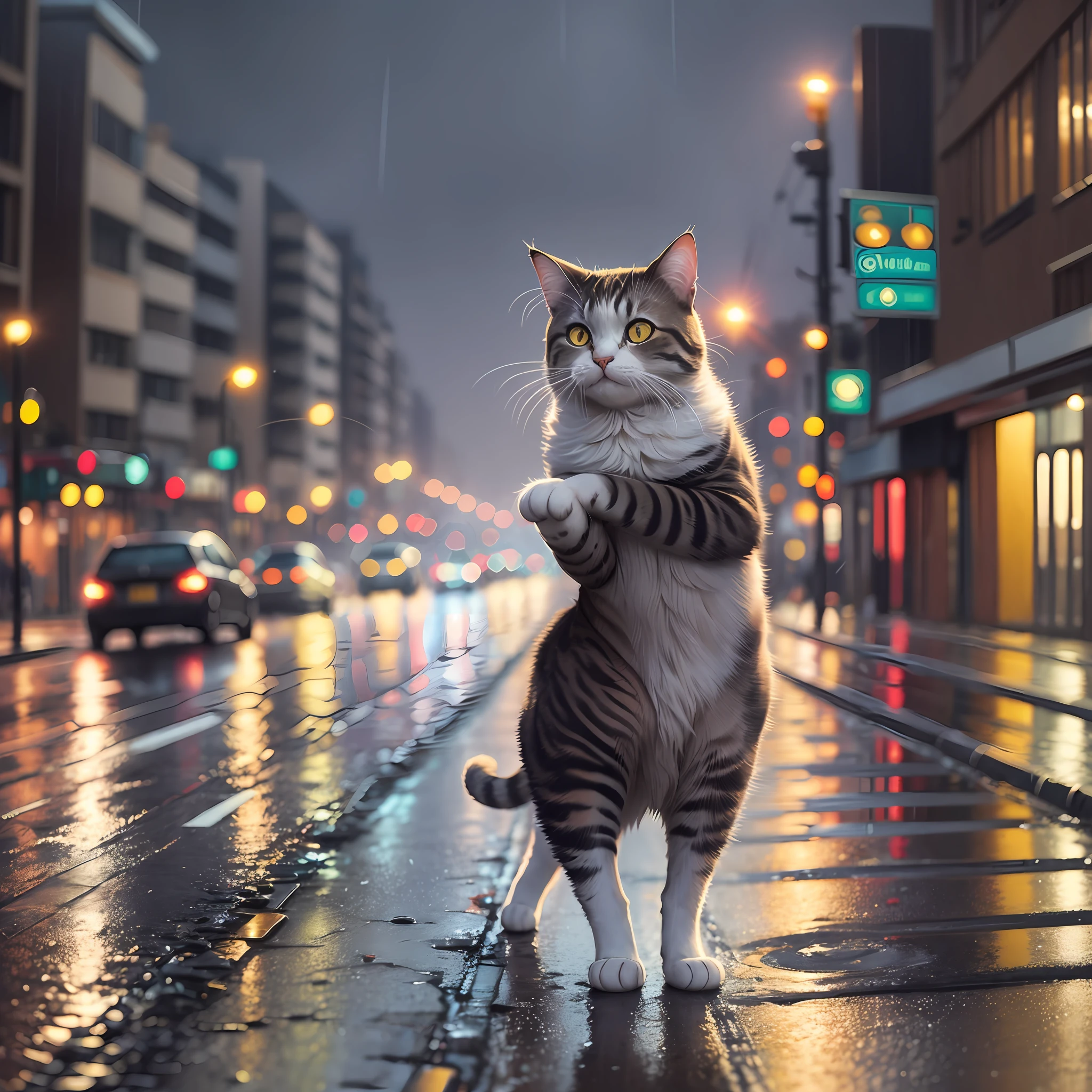 A cat on the road on a rainy night --auto --s2