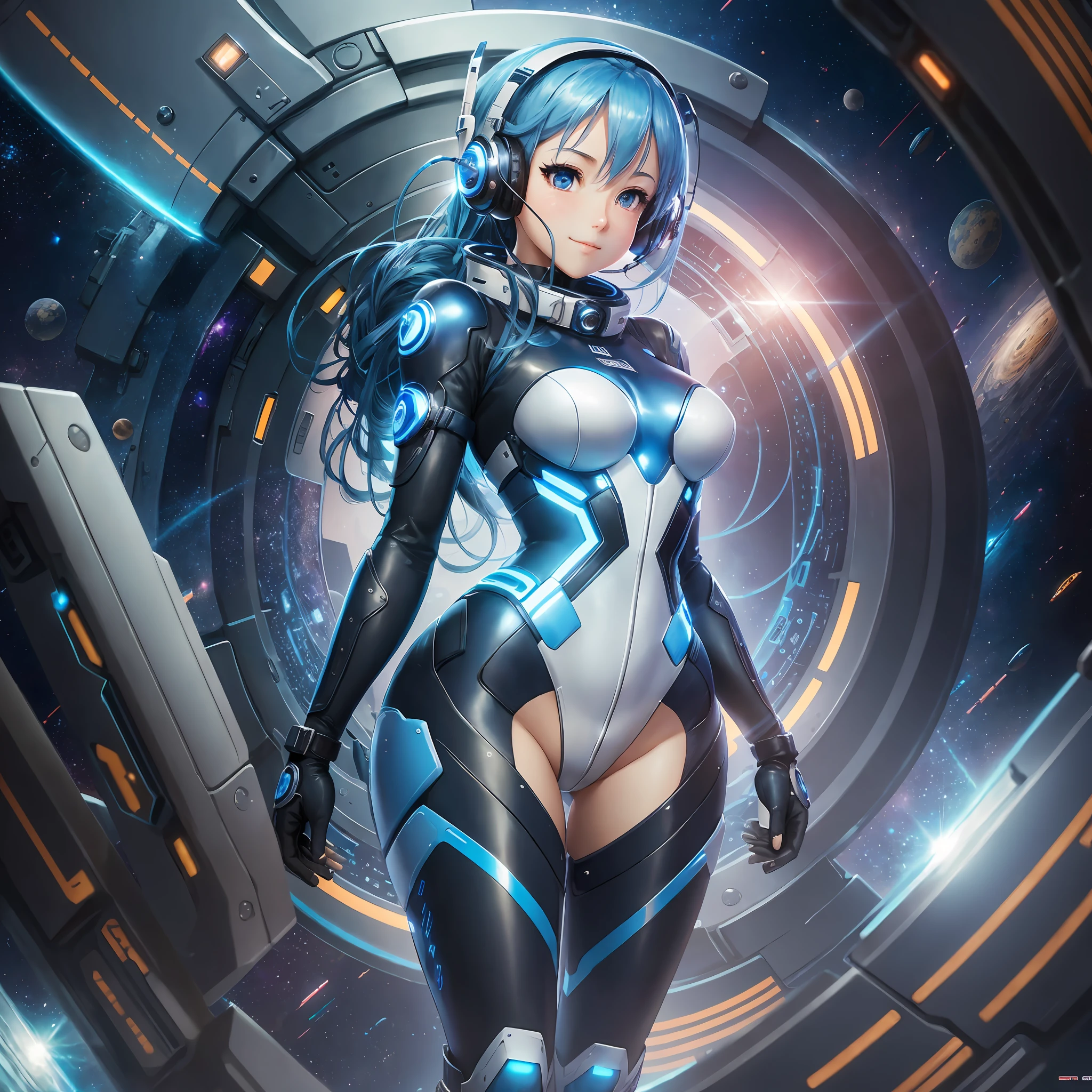 Full body, blue hair, masterpiece, best quality, official art, album art, very elaborate CG Unity 8K wallpaper, solo girl, Japan girl, full body, super high resolution, dynamic angle, dynamic pose, mysterious power, floating particles, reflection, so cute, sparkly blue color eyes, flight suit with white and blue and black color, tight fit clothes, full body covering clothes, knee boots, Watch Viewer, Front Face, Beauty, Medium, Shirt Lift, Metal Wire, Slim Body, Arm-Length Gloves, Anime Heroine, Gentle Smile, Headset, Detailed Cockpit, Super Futuristic Space --auto --s2