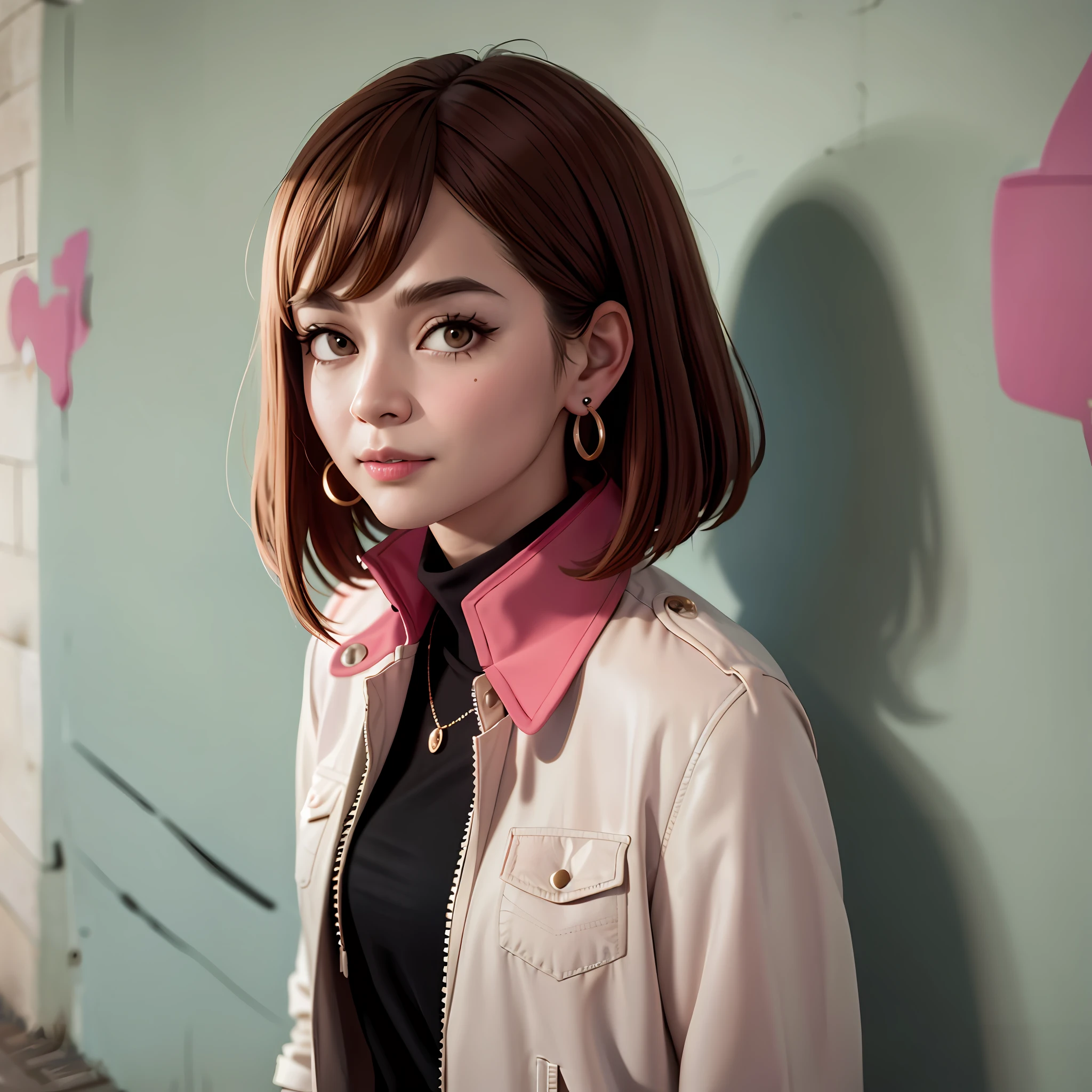 (masterpiece, best quality, 1 girl, solo, intricate details, chromatic aberration), realistic, ((medium breath)), short hair, brown hair, straight bangs, headpiece decoration, pink highlights, amber eyes, earrings, cute eyes, necklace, neon shirt, ripped shorts, unbuttoned jacket, turtleneck, night, against the wall, brick wall, graffiti, dim lighting, alley, look at the viewer