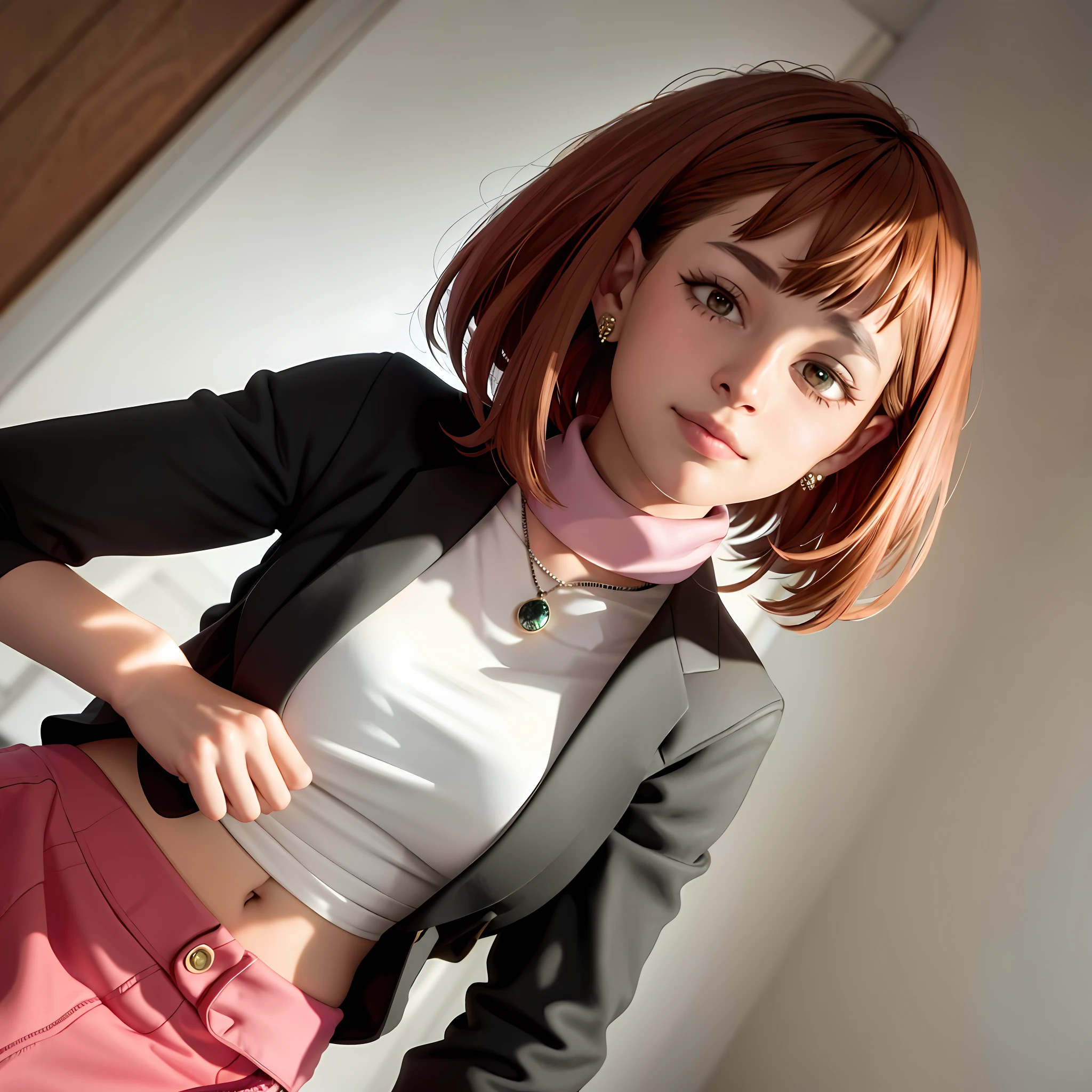 (masterpiece, best quality, 1 girl, solo, intricate details, chromatic aberration), realistic, ((medium breath)), short hair, brown hair, straight bangs, headpiece decoration, pink highlights, amber eyes, earrings, cute eyes, necklace, neon shirt, ripped shorts, unbuttoned jacket, turtleneck, night, against the wall, brick wall, graffiti, dim lighting, alley, look at the viewer
