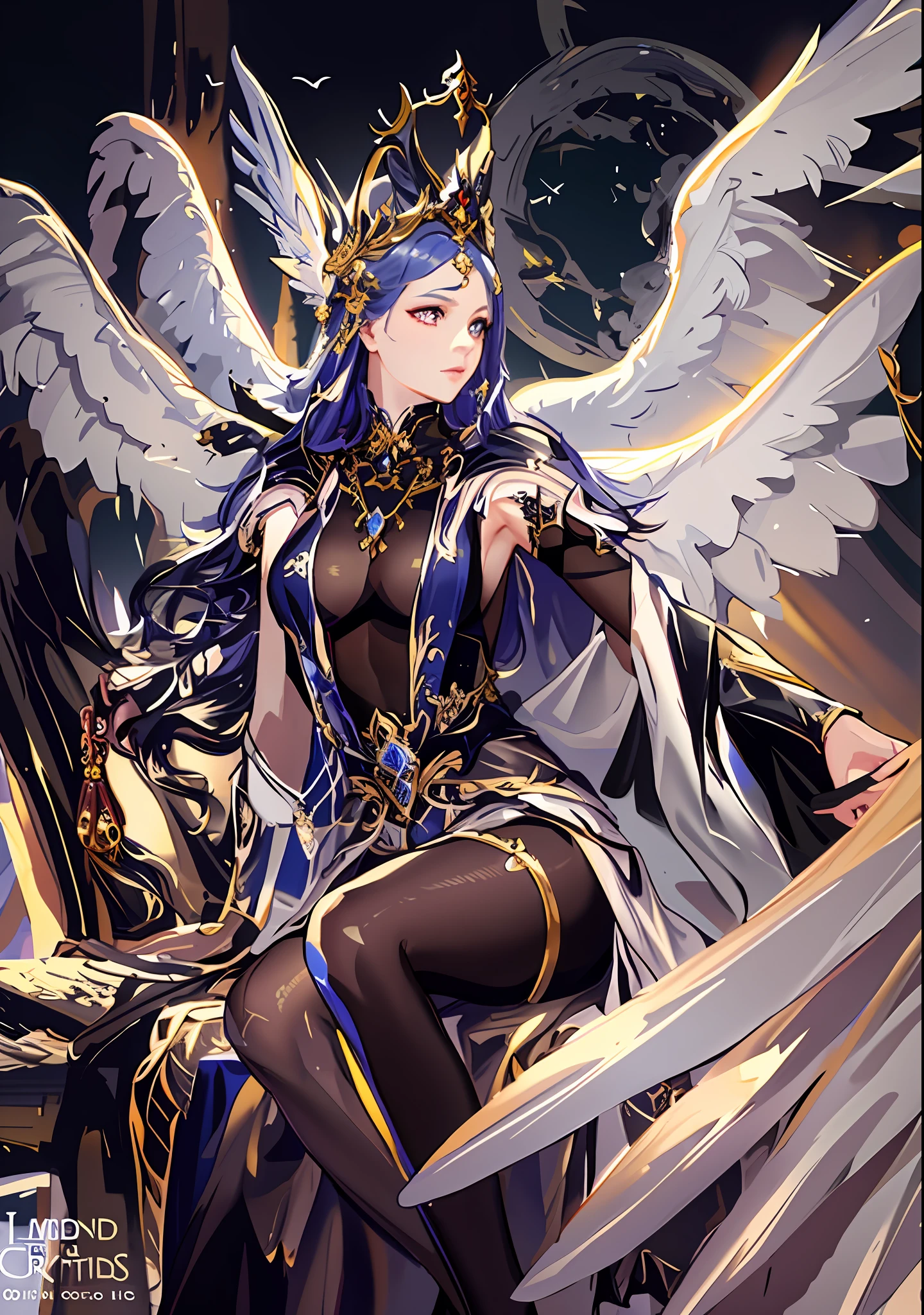 arafed image of a woman with wings and a crown sitting on a rock, by Yang J, goddess. extremely high detail, art of wlop, wlop art, a beautiful fantasy empress, wlop and artgerm, artgerm on artstation pixiv, detailed fantasy art, as a mystical valkyrie, extremely detailed goddess shot