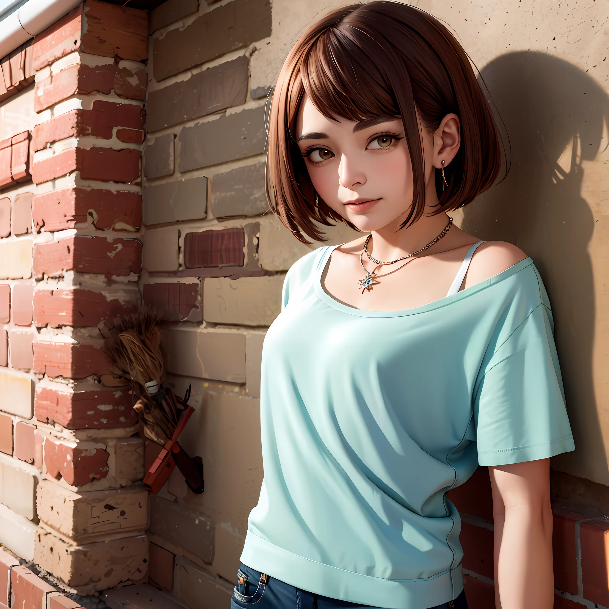 (masterpiece, best quality, 1 girl, solo, intricate details, chromatic aberration), realistic, ((medium breath)), short hair, brown hair, straight bangs, headpiece decoration, pink highlights, amber eyes, earrings, cute eyes, necklace, neon shirt, ripped shorts, unbuttoned jacket, tank top, night, against the wall, brick wall, graffiti, dim lighting, alley, look at the viewer