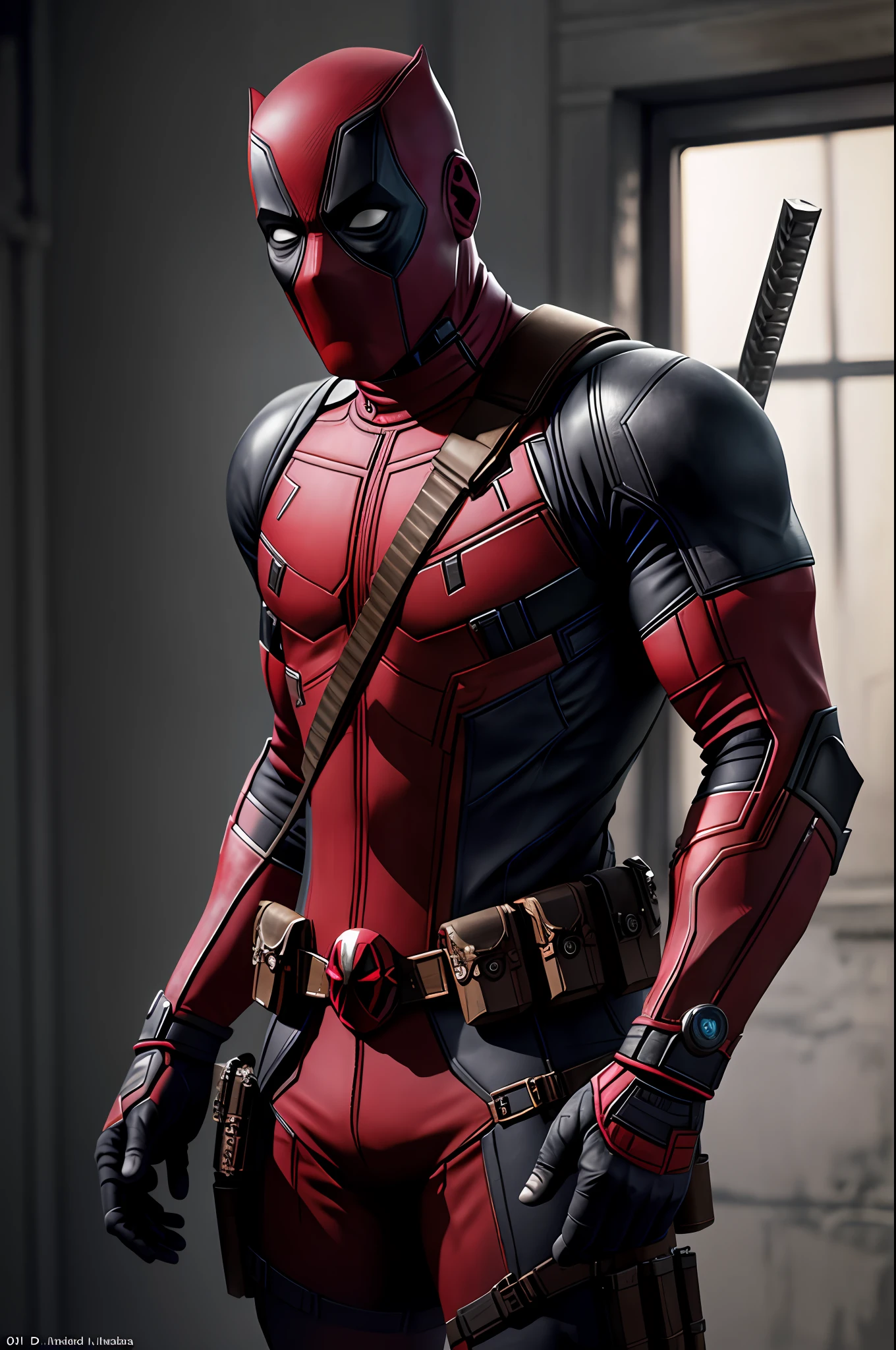(8k, RAW photo, best quality, masterpiece: 1.2), ultra detailed, authorial art, photo-realistic: 1.37, upper body shot, Idris Alba, (no mask: 1.2), model, marvel deadpool fusion with Idris Alba, film grain, action pose, a perfect black face, 30 years, intricate details, diffused light