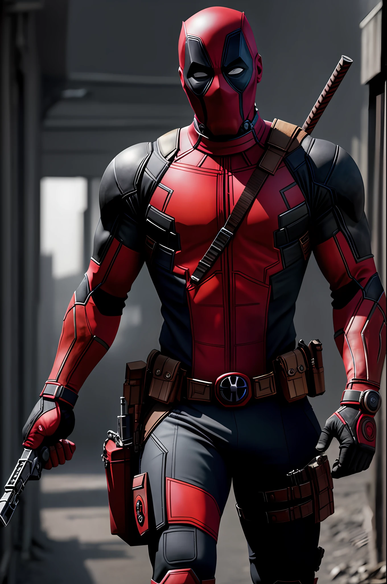 (8k, RAW photo, best quality, masterpiece: 1.2), ultra detailed, authorial art, photo-realistic: 1.37, upper body shot, Idris Alba, (no mask: 1.2), model, marvel deadpool fusion with Idris Alba, film grain, action pose, a perfect black face, 30 years, intricate details, diffused light