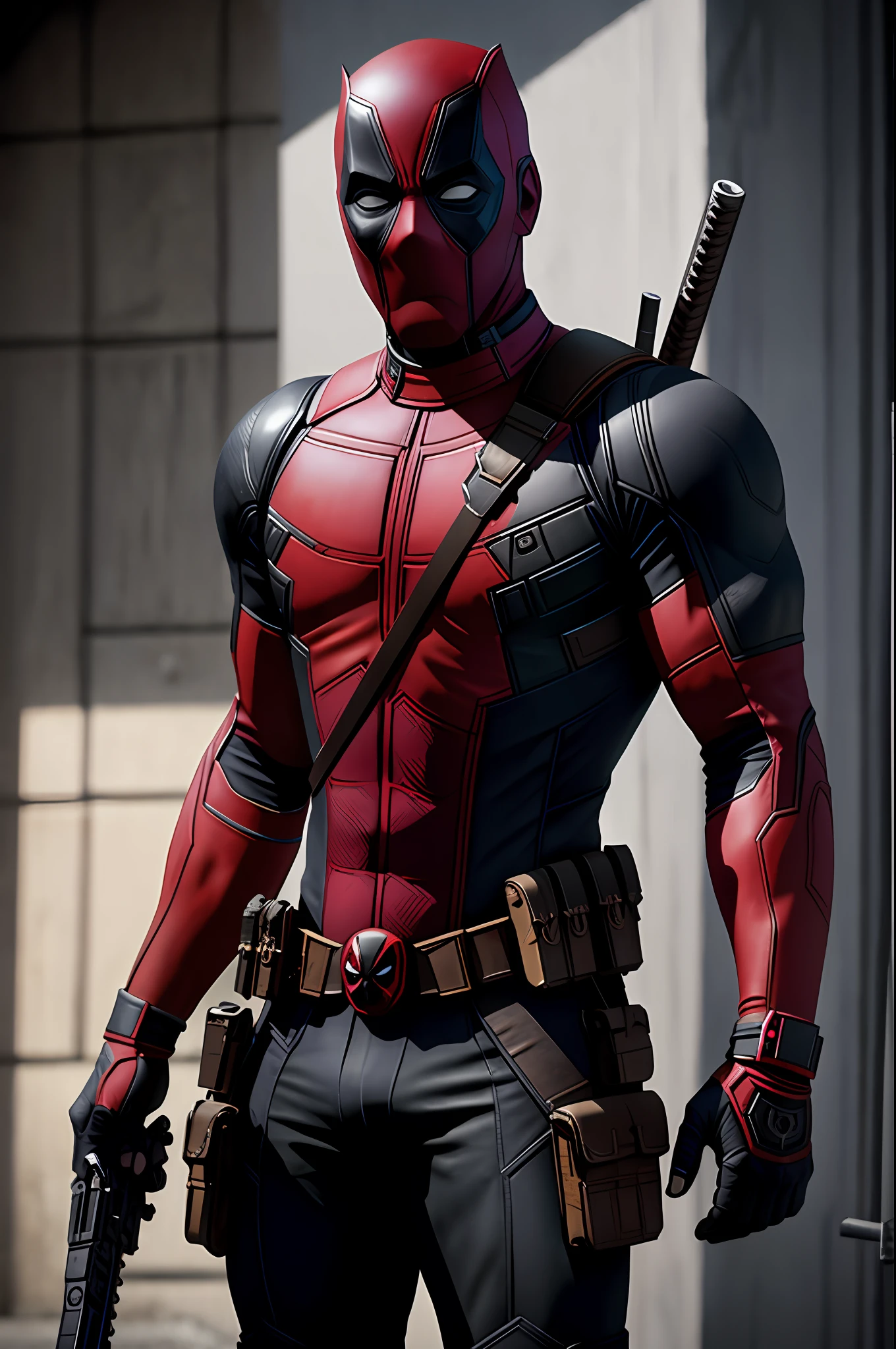 (8k, RAW photo, best quality, masterpiece: 1.2), ultra detailed, authorial art, photo-realistic: 1.37, upper body shot, Idris Alba, (no mask: 1.2), model, marvel deadpool fusion with Idris Alba, film grain, action pose, a perfect black face, 30 years, intricate details, diffused light