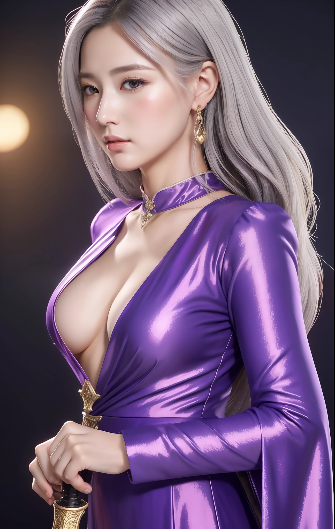 a close up of a woman in a purple dress holding a sword, a character portrait inspired by Lan Ying, trending on cg society, shin hanga, full body xianxia, katana zero video game character, lunar themed attire, game cg, yun ling, xianxia hero, as a character in tekken, warrior outfit, final fantasy character, fighting game character, (masterpiece:1.4), (8k, photorealistic, RAW photo, best quality: 1.4), japanese, beautiful face, (realistic face:1.4), (grey hair, high detailed hair :1.3), beautiful hairstyle, realistic eyes, beautiful detailed eyes, (realistic skin:1.3), beautiful skin, attractive, ultra high res, ultra realistic, highly detailed, golden ratio, (detailed face:1.4), (realistic medium breasts:1.4), (braless:1.4), perky_nipples, see-through outfit, transparent outfit, (nsfw:1.25)