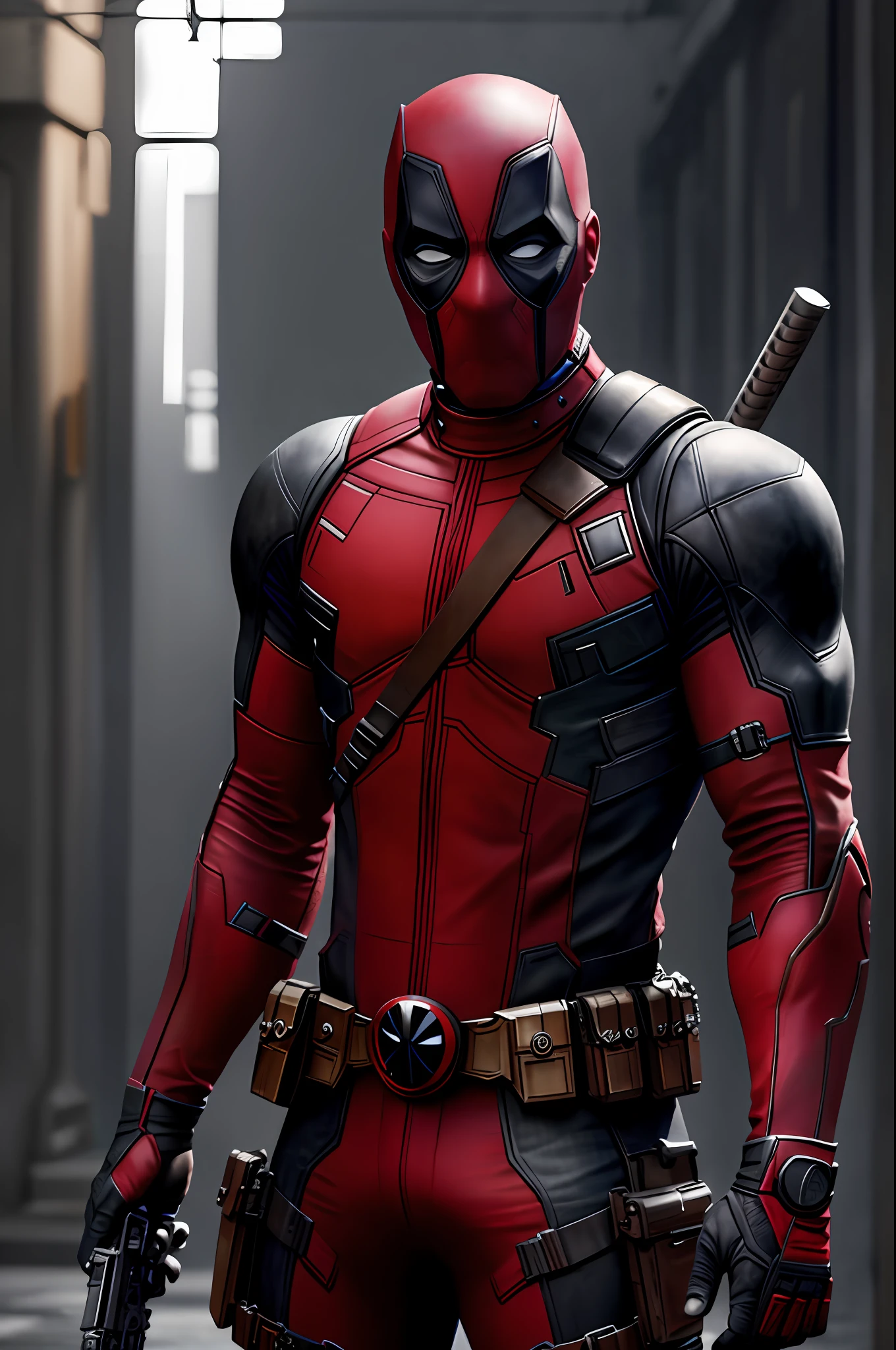 (8k, RAW photo, best quality, masterpiece: 1.2), ultra detailed, authorial art, photo-realistic: 1.37, upper body shot, Idris Alba, (no mask: 1.2), model, marvel deadpool fusion with Idris Alba, film grain, action pose, a perfect black face, 30 years, intricate details, diffused light