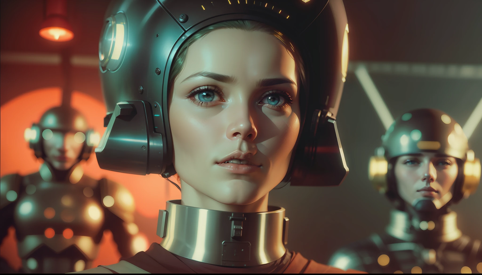 a close up of a person wearing a helmet, a colorized photo by James Baynes, cgsociety, retrofuturism, reimagined by industrial light and magic, 1970s, sci-fi