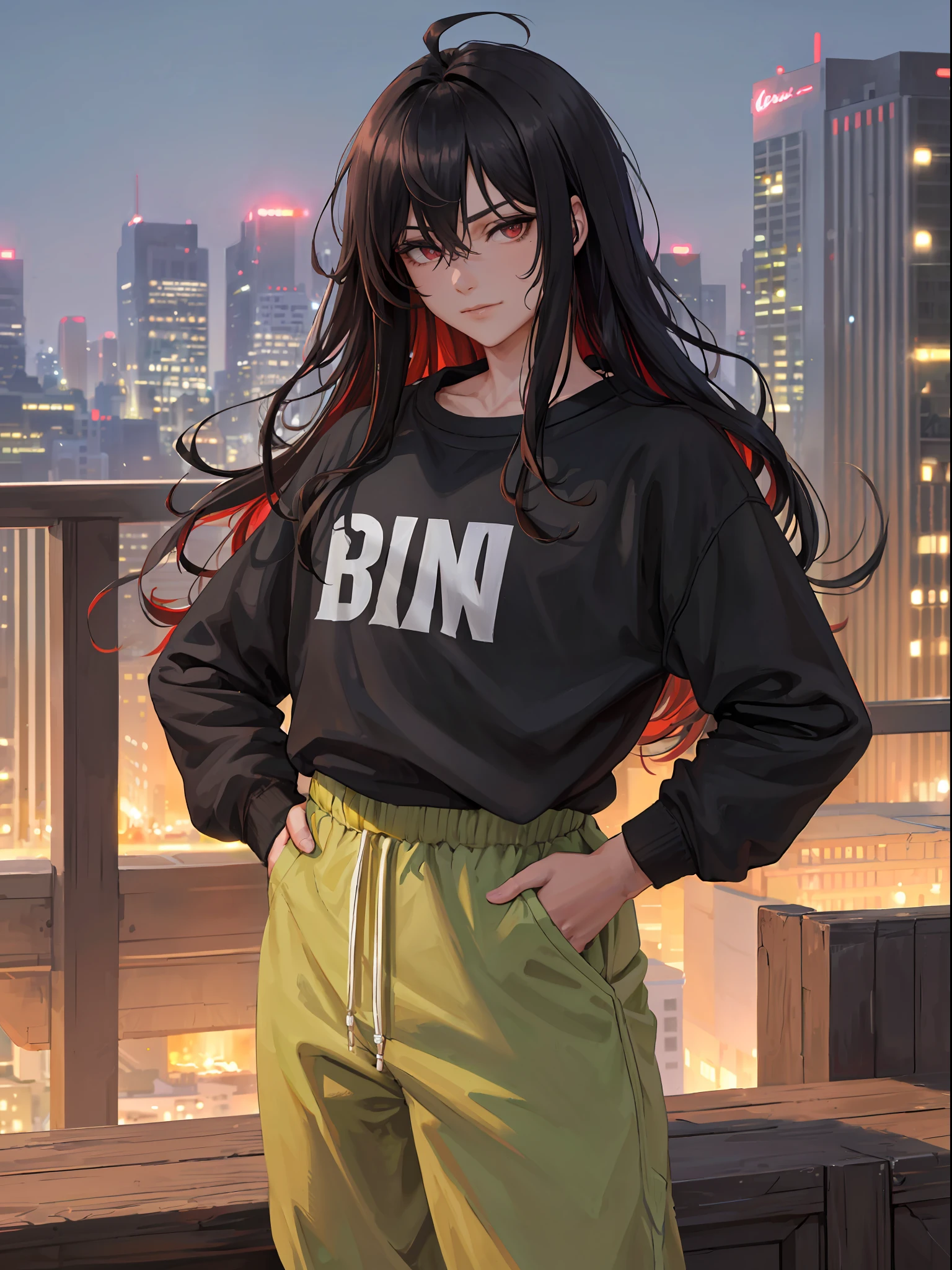 ((Top Quality, Masterpiece, 4K, Fine Detail, Detailed Eyes, Detailed Face, Gelburu, Pixiv, Warm Lighting)), ((Solo)), 1man, handsome, masculine, man, broad shoulders, grinning, looking at the viewer ((lazy eyes, half-closed, black eyes with red pupils)), (sweatshirt, sweatpants), ((black hair, long hair, shaggy hairstyle, disheveled hair)), standing, hands in pockets, city background, night time