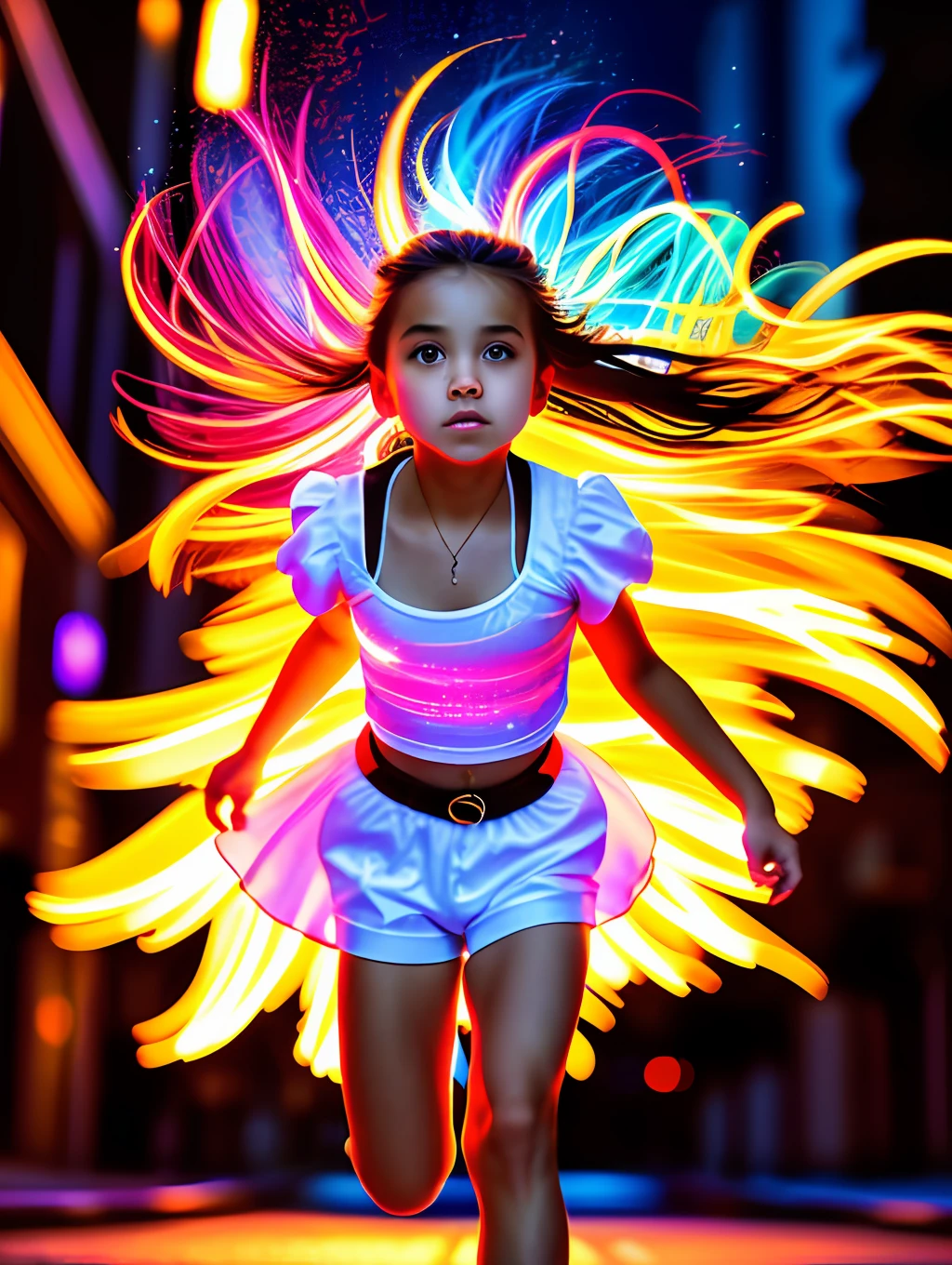 A heartwarming image of a *********** on fire as she runs through the dark, stormy streets of a city. Her white outfit is belted with vibrant colors and her long, flowing hair, adorned with sparkles, trails behind her. The vibrant colors of the cityscape contrast beautifully with the delicate, golden light coming from the girl's face. The vibrant colors of the city contrast beautifully with the dramatic, surreal lighting creating an awe-inspiring atmosphere. standard lens, high ISO, f/4 aperture