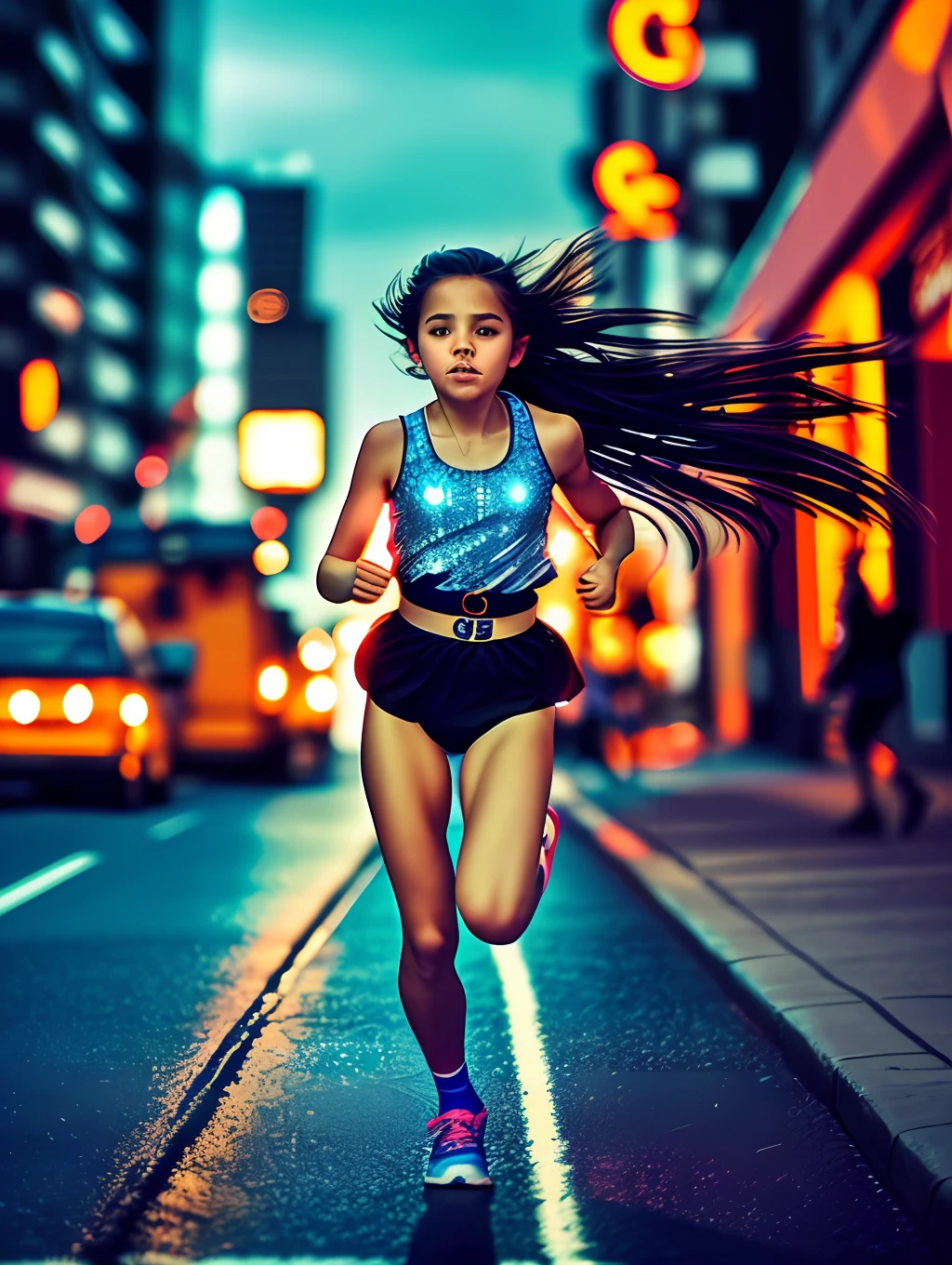 A heartwarming image of a *********** on fire as she runs through the dark, stormy streets of a city. Her white outfit is belted with vibrant colors and her long, flowing hair, adorned with sparkles, trails behind her. The vibrant colors of the cityscape contrast beautifully with the delicate, golden light coming from the girl's face. The vibrant colors of the city contrast beautifully with the dramatic, surreal lighting creating an awe-inspiring atmosphere. standard lens, high ISO, f/4 aperture