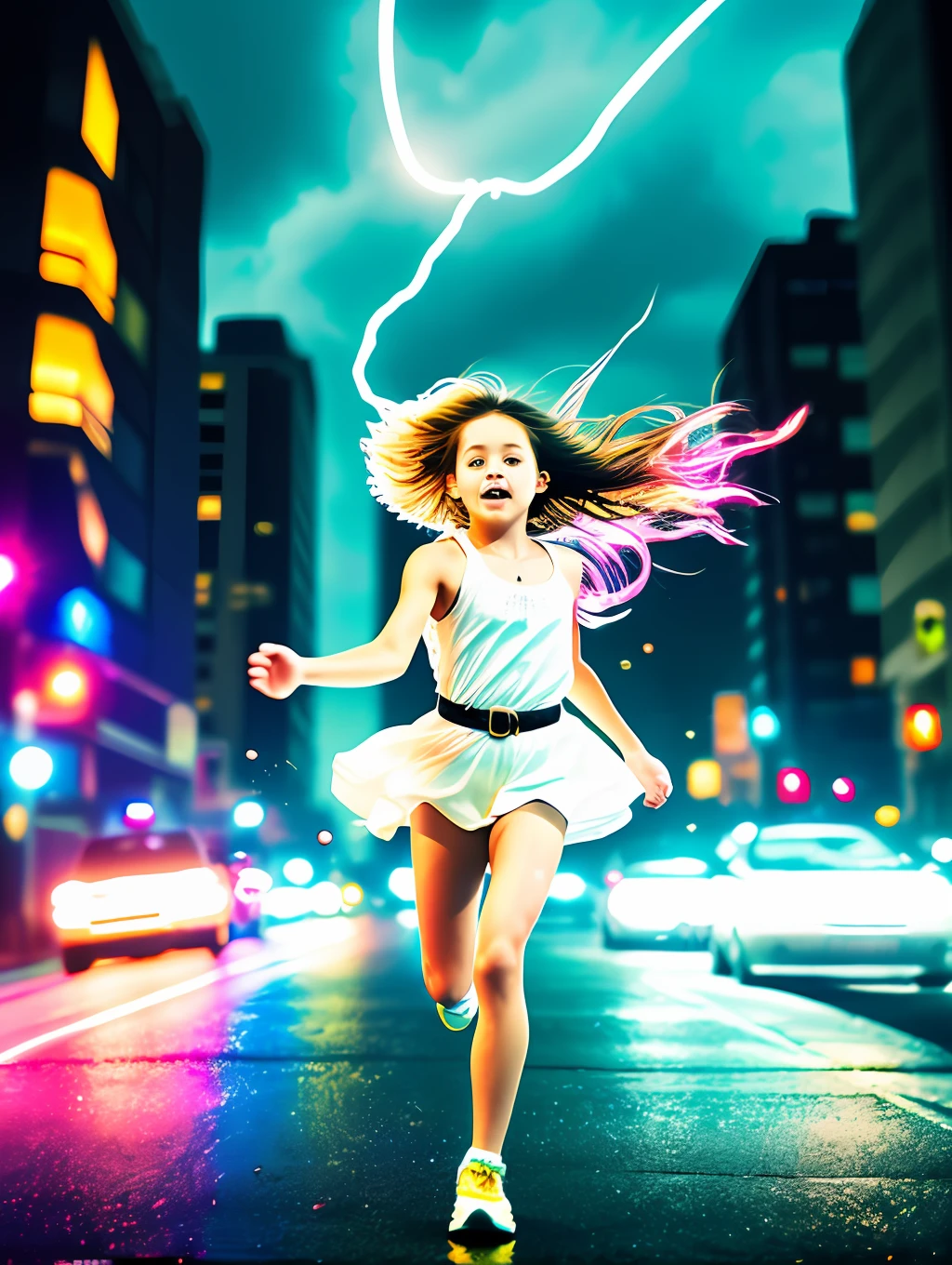 A heartwarming image of a *********** on fire as she runs through the dark, stormy streets of a city. Her white outfit is belted with vibrant colors and her long, flowing hair, adorned with sparkles, trails behind her. The vibrant colors of the cityscape contrast beautifully with the delicate, golden light coming from the girl's face. The vibrant colors of the city contrast beautifully with the dramatic, surreal lighting creating an awe-inspiring atmosphere. standard lens, high ISO, f/4 aperture