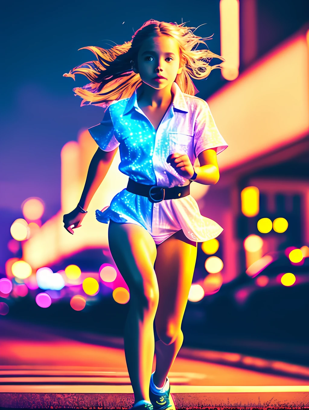 A heartwarming image of a *********** on fire as she runs through the dark, stormy streets of a city. Her white outfit is belted with vibrant colors and her long, flowing hair, adorned with sparkles, trails behind her. The vibrant colors of the cityscape contrast beautifully with the delicate, golden light coming from the girl's face. The vibrant colors of the city contrast beautifully with the dramatic, surreal lighting creating an awe-inspiring atmosphere. standard lens, high ISO, f/4 aperture