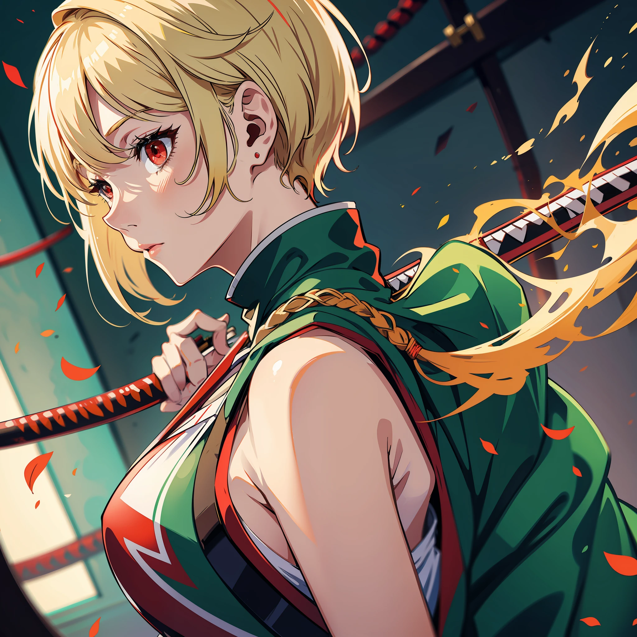 White woman, short blonde hair (above shoulder), crimson red eyes, teacher's outfit, katana on the back, green clothes