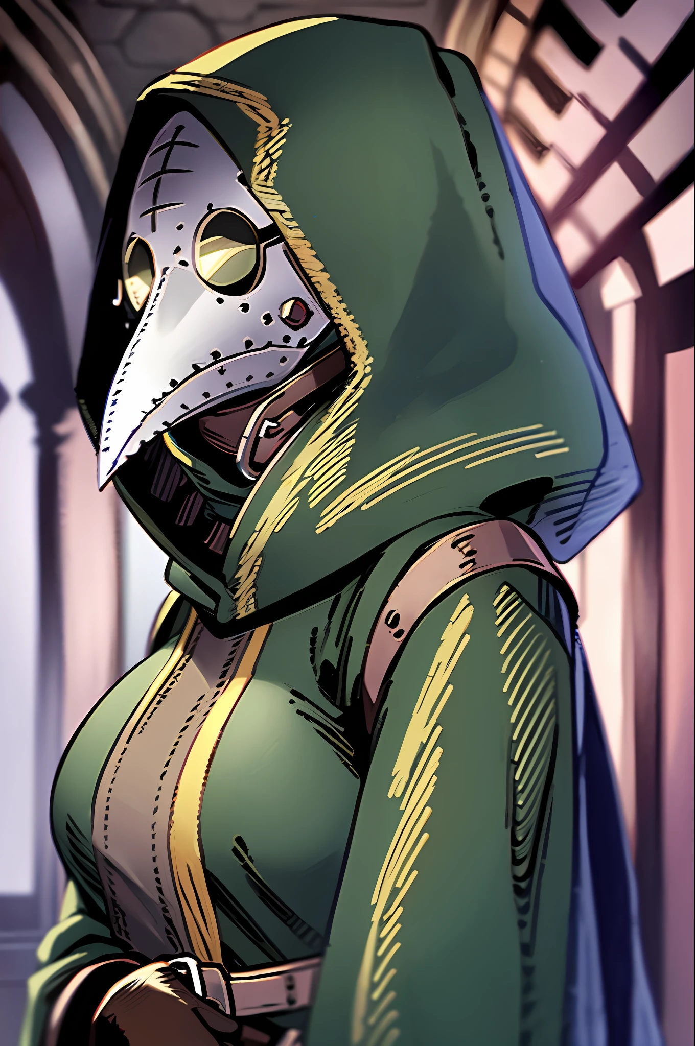 plague doctor, 1girl, solo, hood, mask, gloves, faceless, plague doctor mask, bandage, tabard, medieval, breasts, arms at sides,
