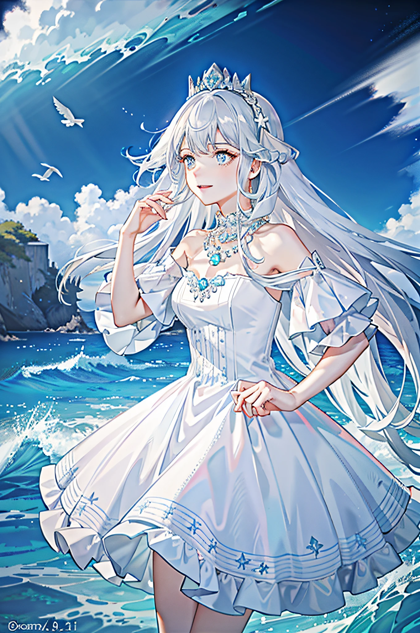 ((Best Quality, Best, Girly), (Dress, White Crown, Necklace, Pearl, Jewelry AND Intricate Details Off the Shoulder), (Person, Ocean, Waves, Sea,), ((Blue: 1.3, Ocean Blue, Long Hair, Blue Eyes): 1.2), Headgear: 1.2, Neon Mystic, Fantasy: 0.8, [Cinema Lens, Bright Light and Shadow: 1.2, Glow Effect])]