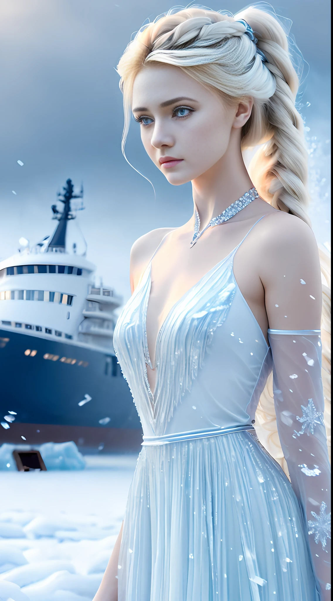 (extremely detailed woman with long blonde hair braided in the shape of a ponytail, blue eyes, soft and delicate skin, medium breasts, looking to be 25 years old wearing a dress made of ice covering her entire body, realistic, angelic, award-winning digital art,(insamente detailed 1.5) with tips in detail in 8k wallpaper ) with arms up conjuring ice magic,  in an environment of dramatic and chaotic rain, in a frozen sea, and a giant ship in blur in the background