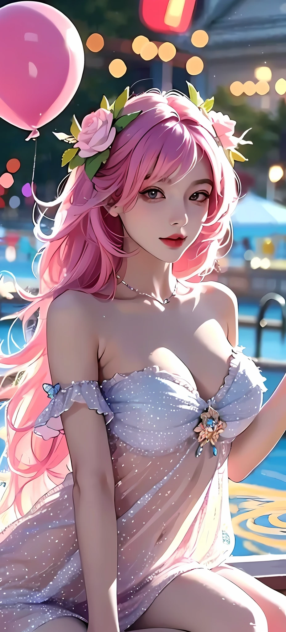 (extremely detailed CG unity 8k wallpaper),(((masterpiece))), (((best quality))), ((ultra-detailed)), (best illustration),(best shadow), ((an
extremely delicate and beautiful)),dynamic angle,floating,1girl,(((girl in the amusement park)))
,flower_hair_ornament,lots of balloon, flowing_hair, very_long_pink_hair, blue_eyes, flowers fill the screen,wet see-through dress,
{sitting,sitting on the merry-go-round},pink and magic merry-go-roundsmile, open_mouth, pink butterflies hair_ornament, bangs,
extremely kawaii pink_dress, pink_hair, solo, bare_shoulders,bare navel,bare breast,medium_breast,{an extremely delicate and fantasy
fairyland}, :d, bubble fill the screen, hair_flower, bow, rose, red_flower