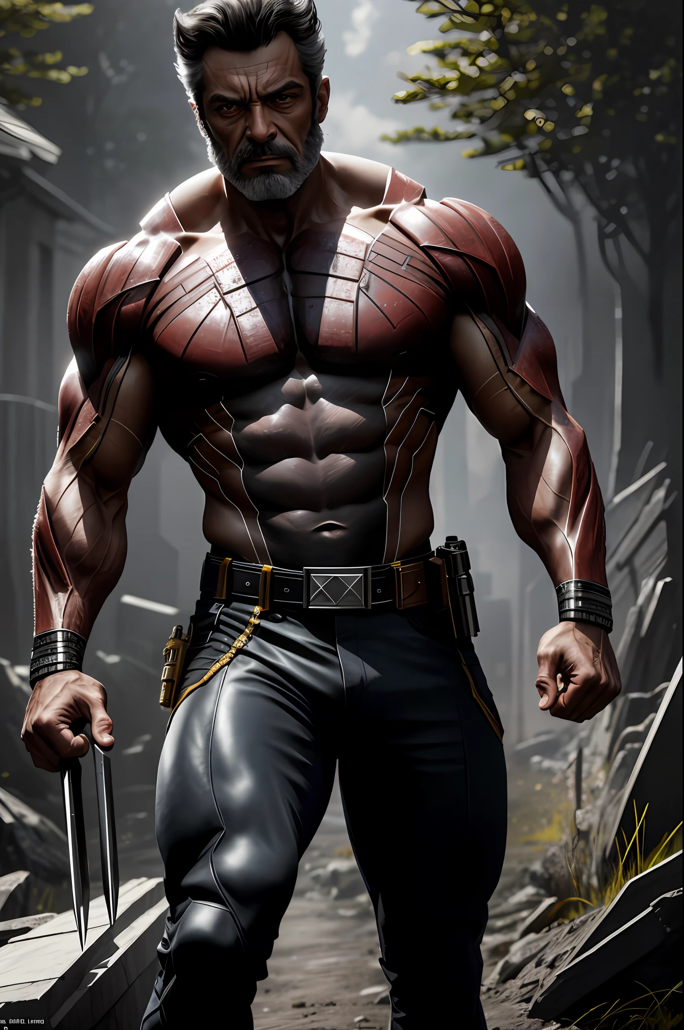 (8k, RAW photo, best quality, masterpiece: 1.2), ultra detailed, authorial art, photo-realistic: 1.37, upper body shot, Idris Alba, (no mask: 1.2), model, marvel Wolverine fusion with Idris Alba, film grain, action pose, a perfect black face, 30 years, intricate details, diffused light
