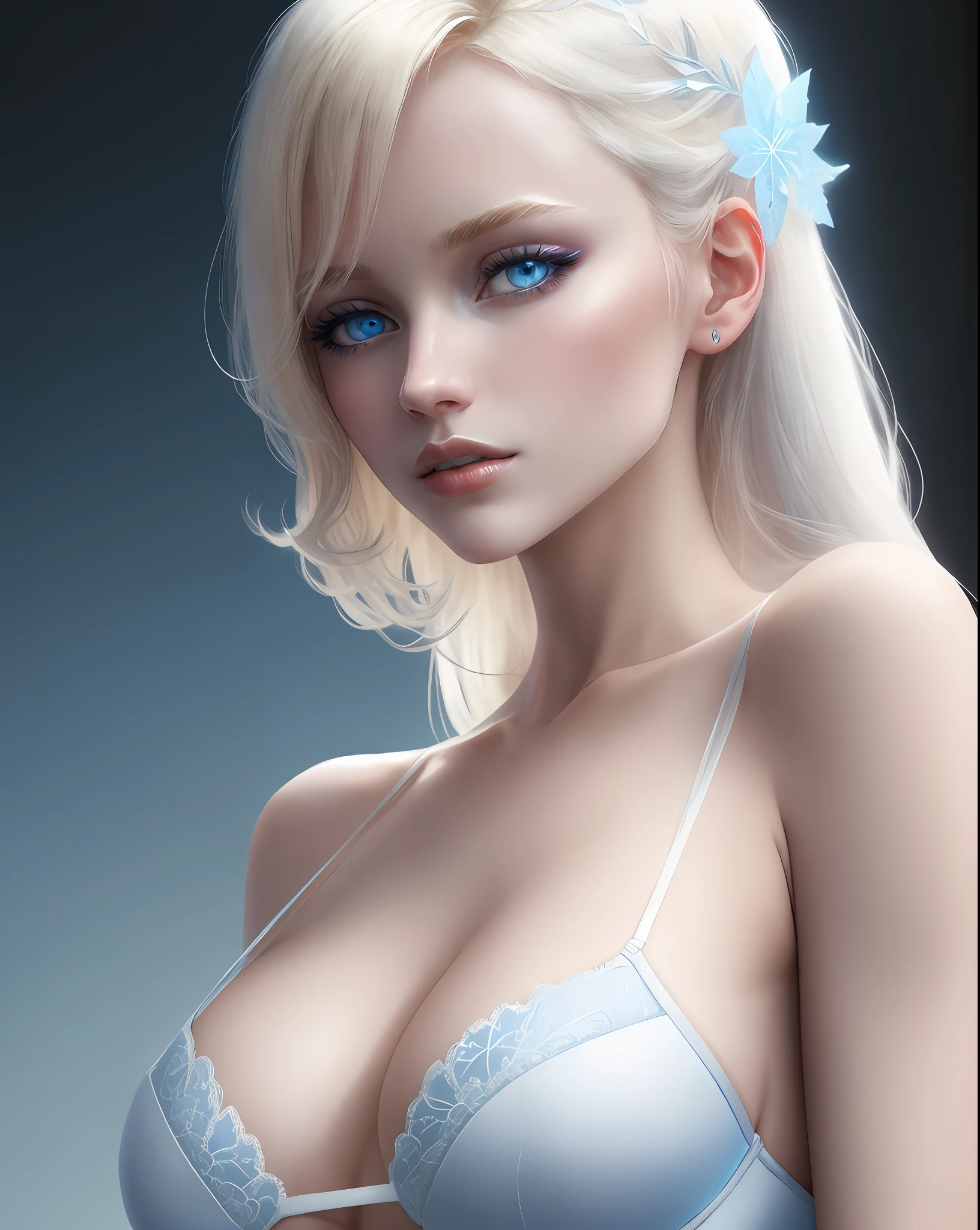 blonde woman with blue eyes and a white bra top posing for a photo, pale bluish skin, inspired by Elsa Bleda, large breasts, sensual neckline, ethereal beauty, colorful portrait, beautiful pale makeup, pale blue eyes, pastel blue eyes, pale blue skin, incredibly ethereal, an impressive ethereal young figure, bright pale blue eyes, stunning portrait, ethereal hair,  editorial portrait, black tone