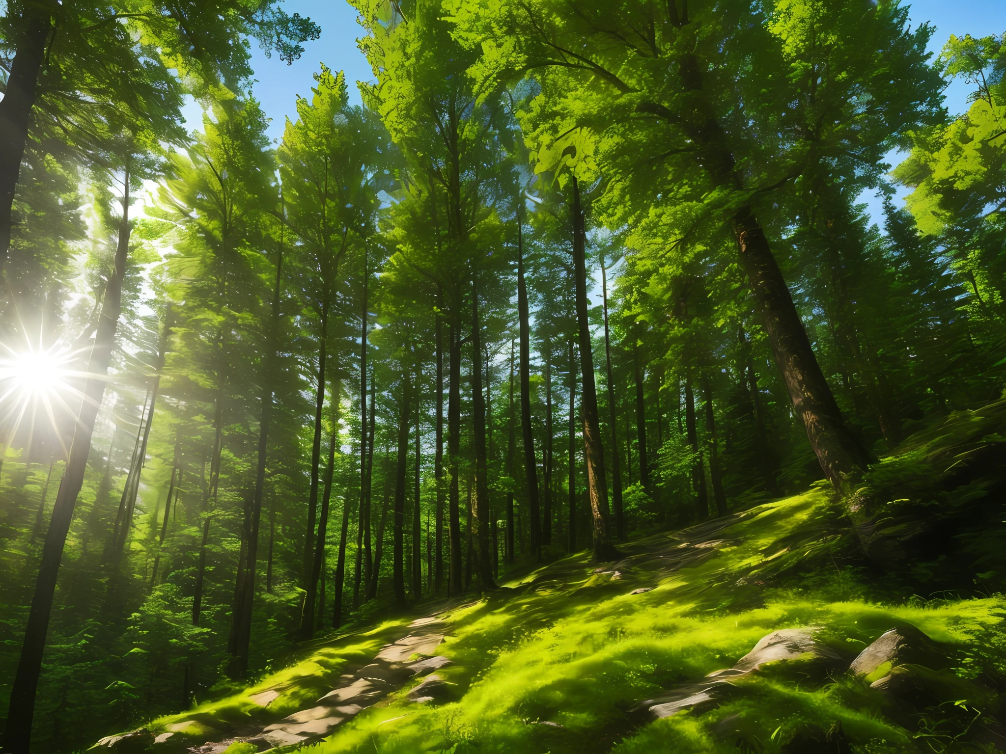 a picture, romanticism, trees. wide view, high cliff, sun through the trees, low angle 8k hd nature photo, spruce trees, clear blue sky, verdant and lush and overgrown, hdr on