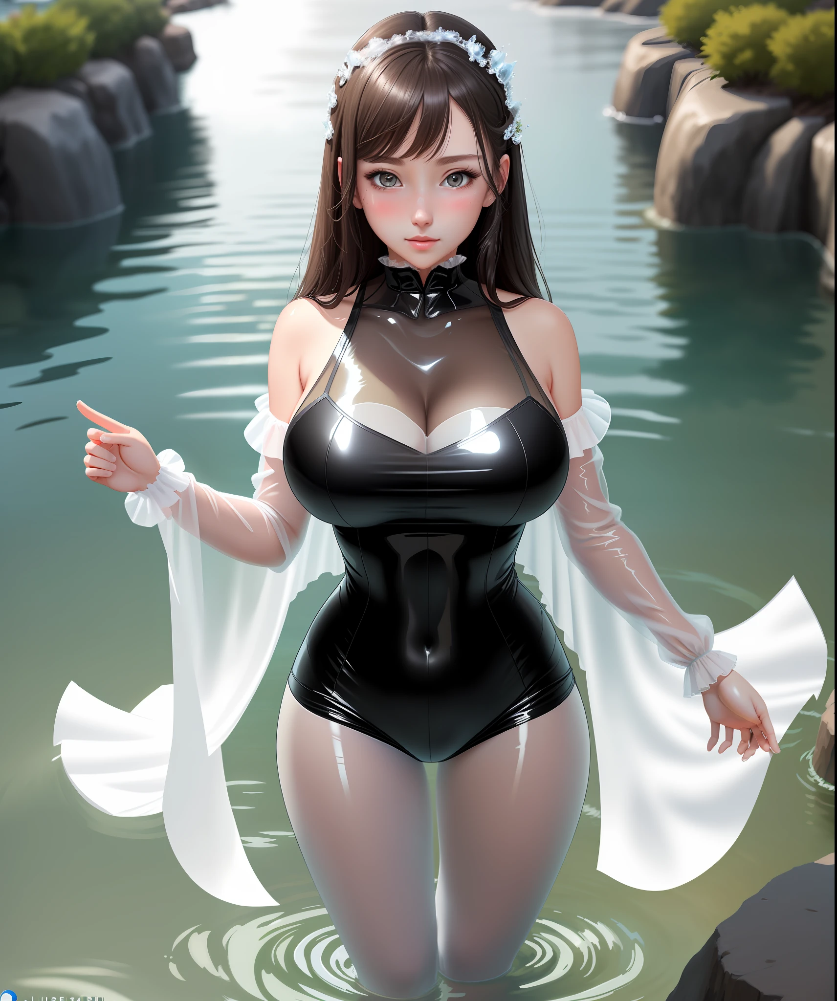 Masterpiece, best quality, 4k, detailing, Super sexy girl 1, solo, big breasts, perspective all height, you can see the whole body, in wet transparent clothes, clothes stuck to the body, water sticks, embarrassed look from bottom to top at the viewer, blushes, finger detail, active pose
